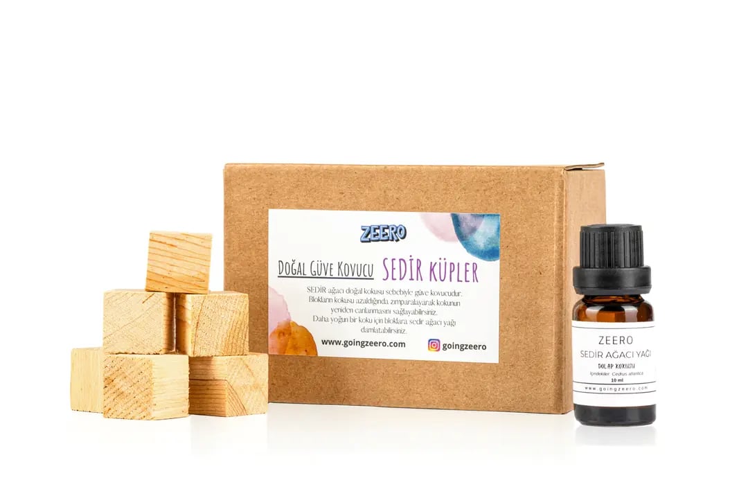 Zeero Doğal Güve Kovucu Sedir Küpler & Sedir Ağacı Yağı Seti & Doğal Naftalin Alternatifi