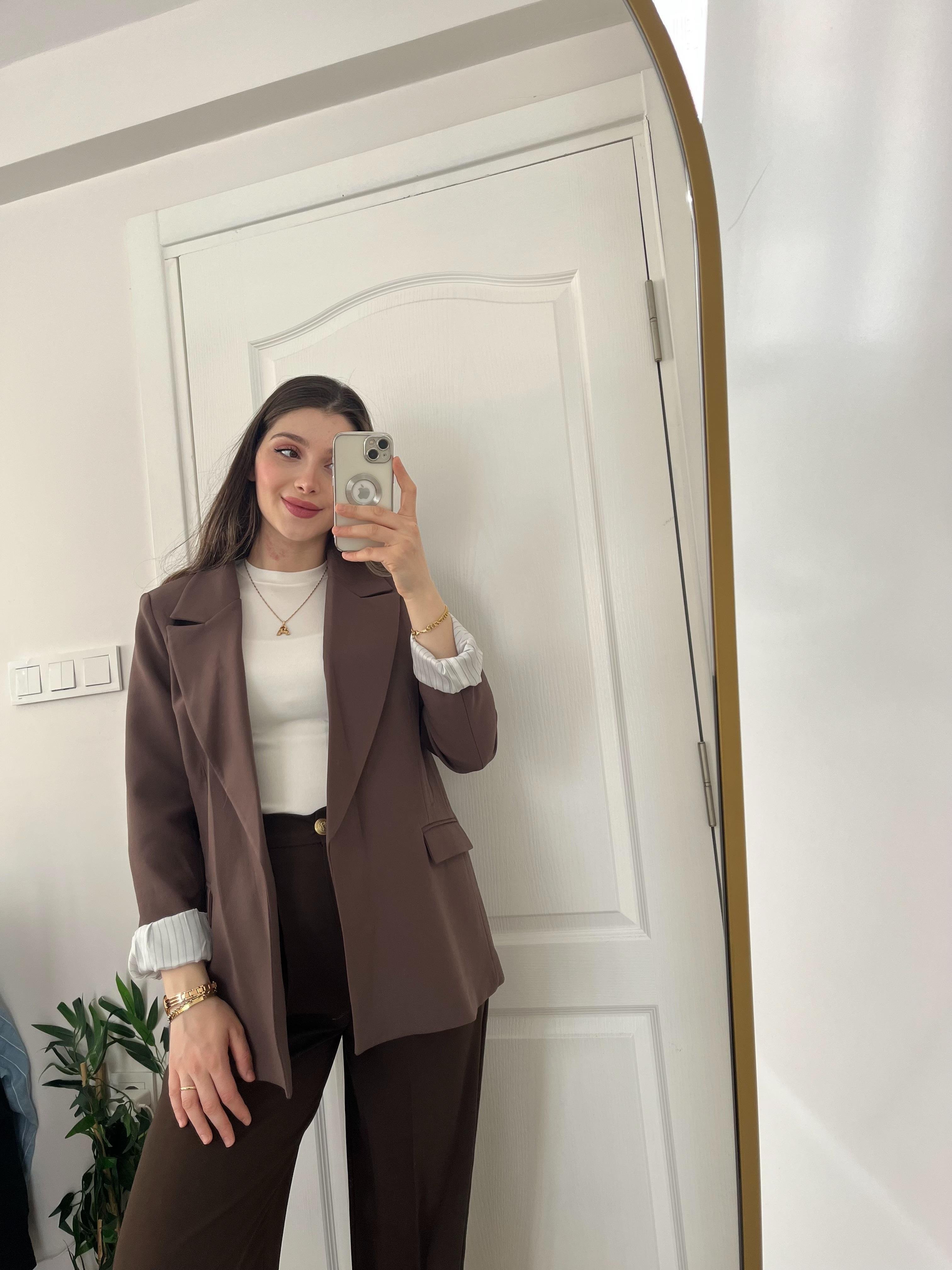 Acı Kahve Çizgili Astarlı Blazer Ceket