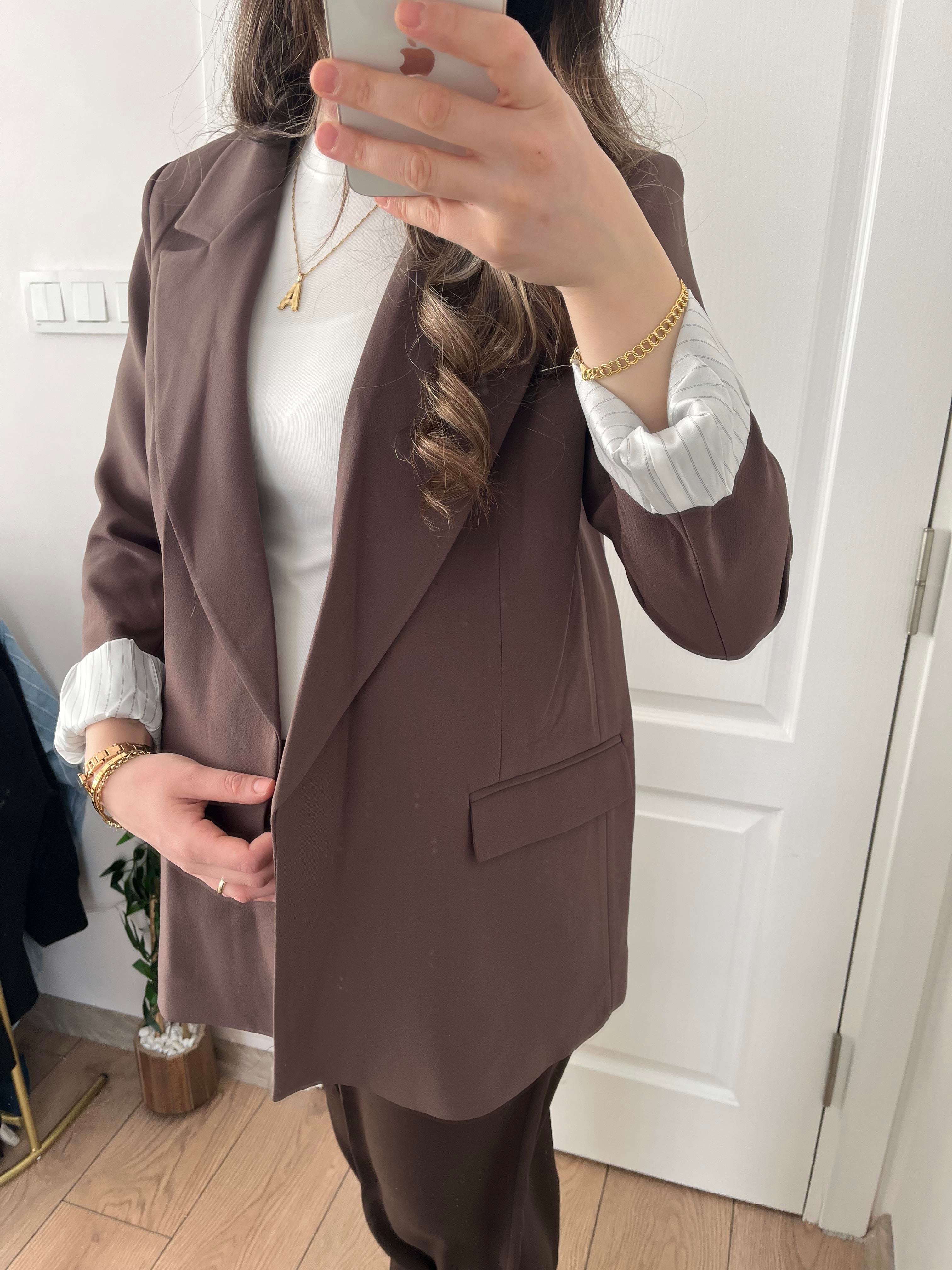 Acı Kahve Çizgili Astarlı Blazer Ceket
