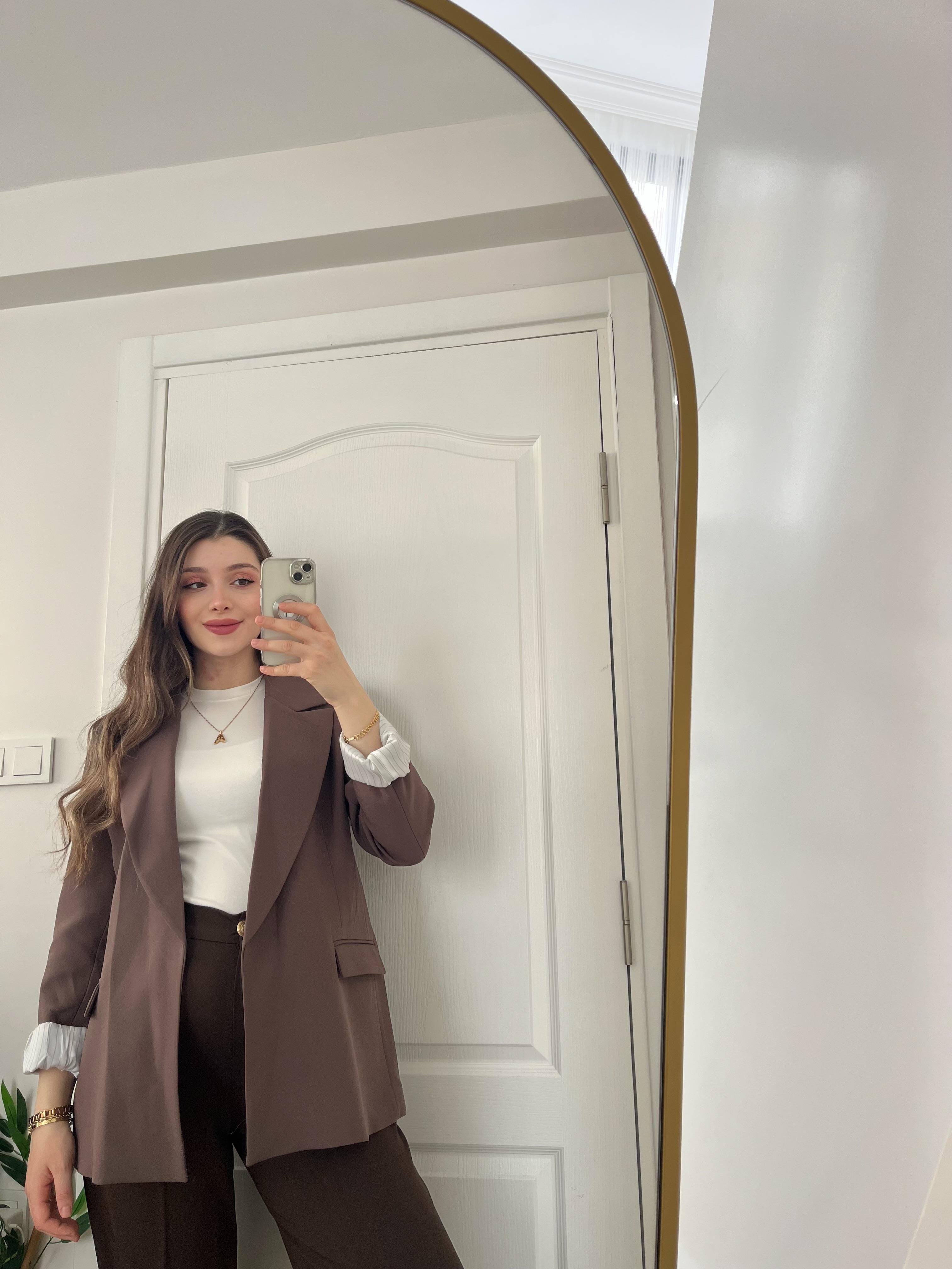 Acı Kahve Çizgili Astarlı Blazer Ceket