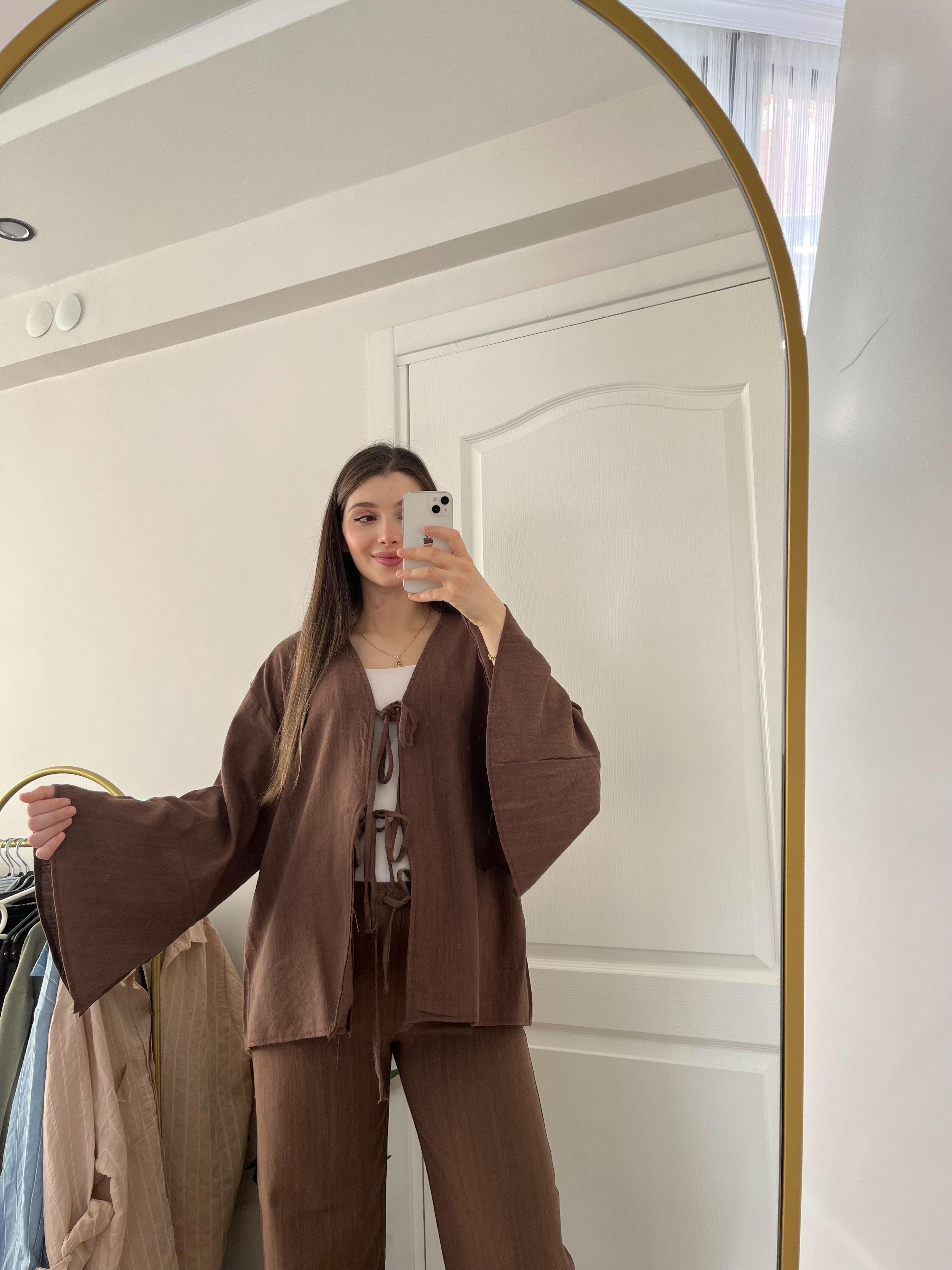 Acı kahve Fiyonk bağlama detaylı kimona keten takım