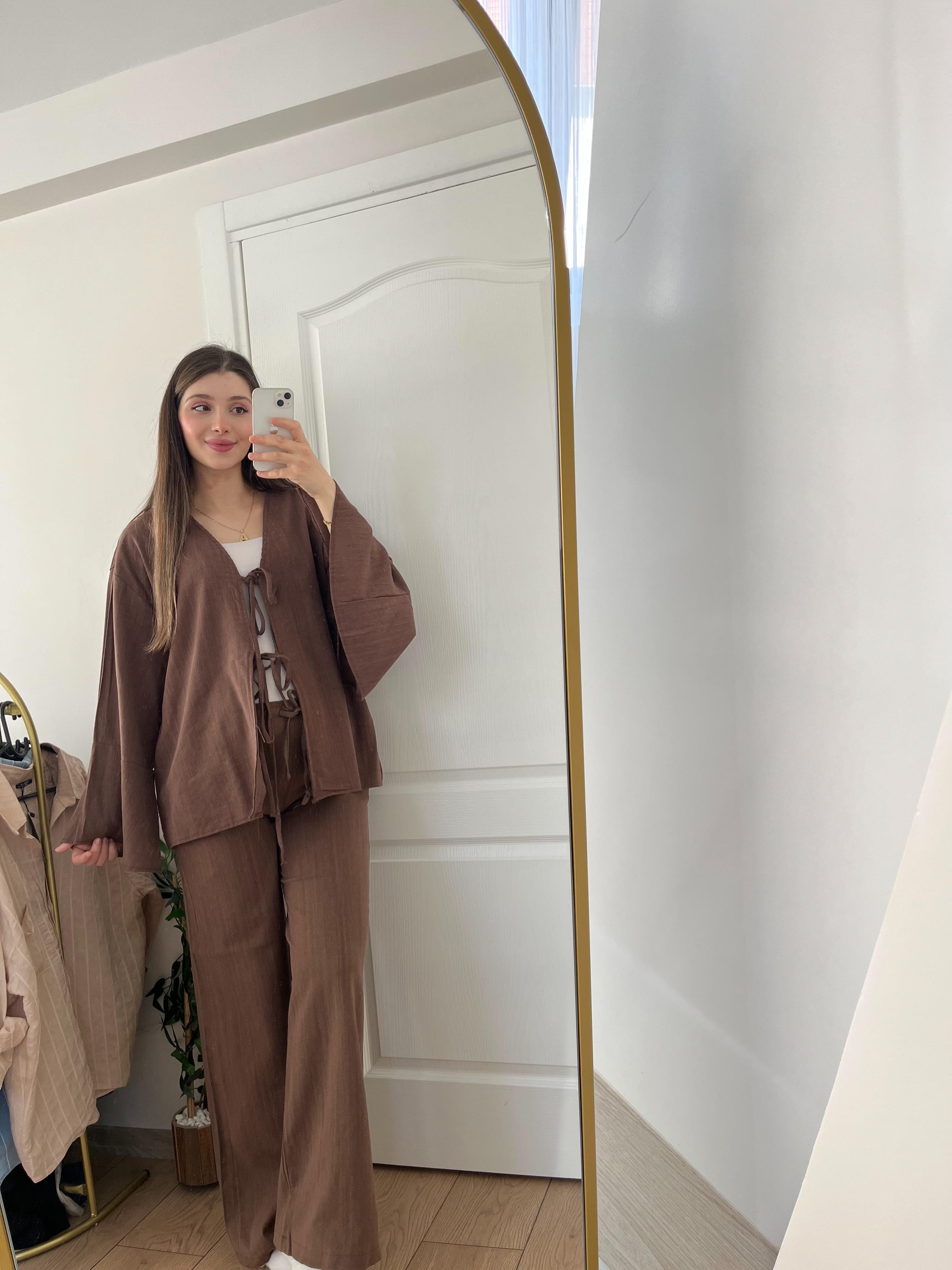 Acı kahve Fiyonk bağlama detaylı kimona keten takım