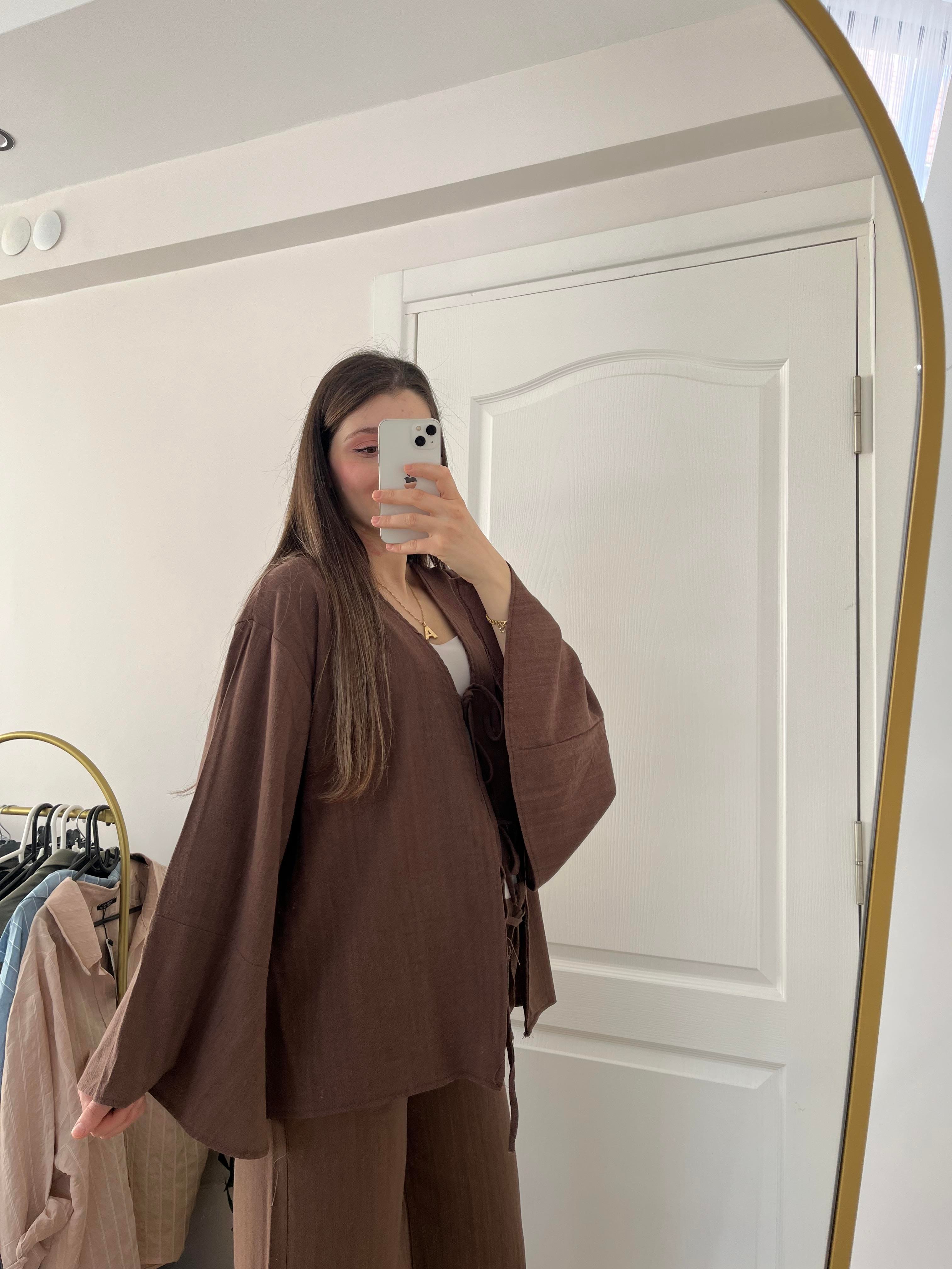 Acı kahve Fiyonk bağlama detaylı kimona keten takım