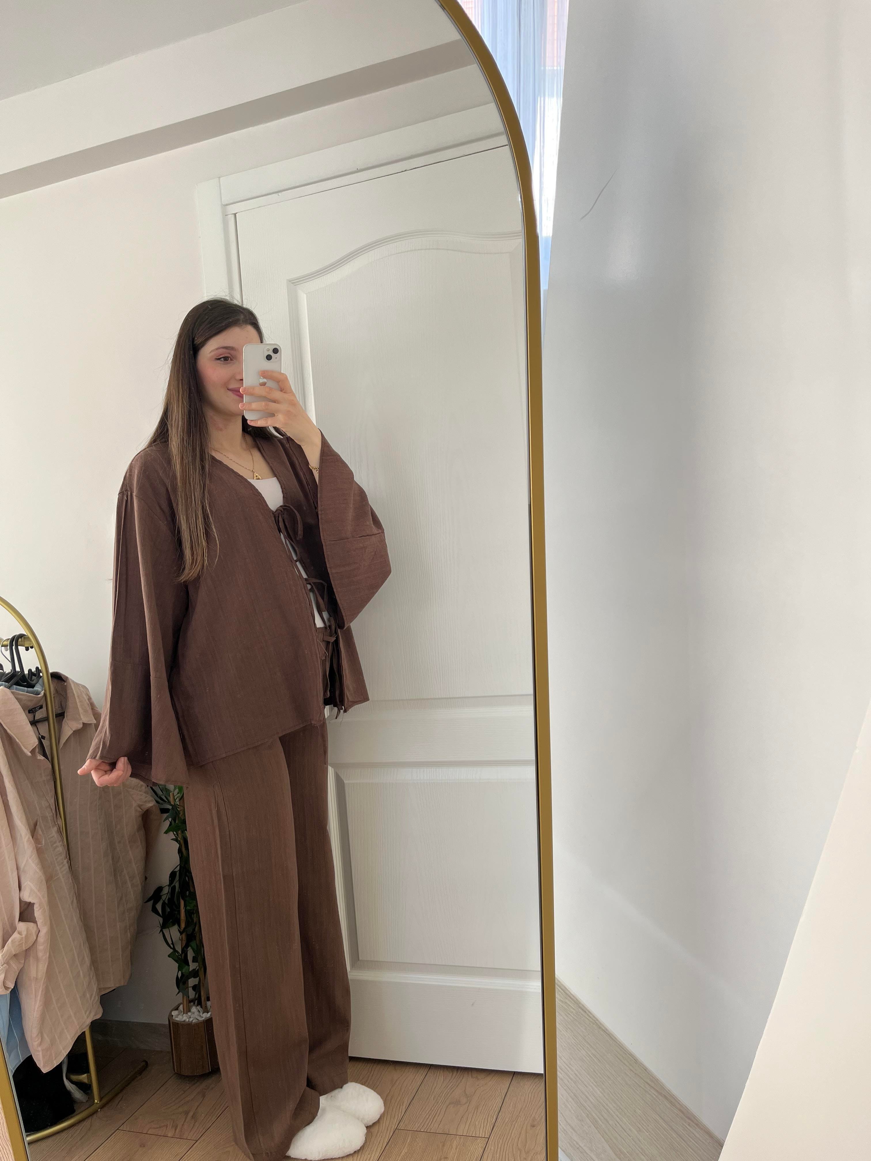 Acı kahve Fiyonk bağlama detaylı kimona keten takım