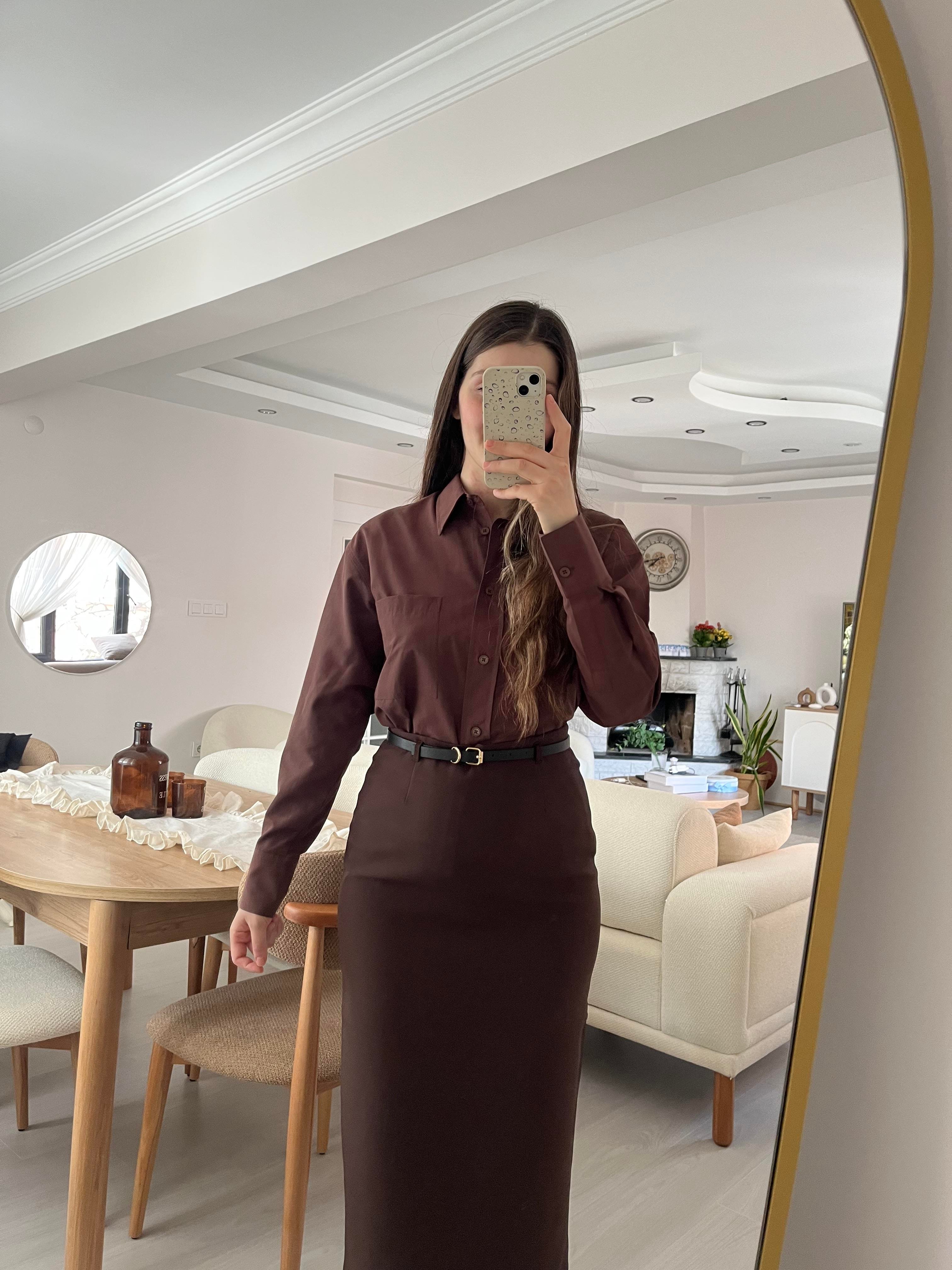 Acı Kahve Kemerli Yüksek Bel Etek