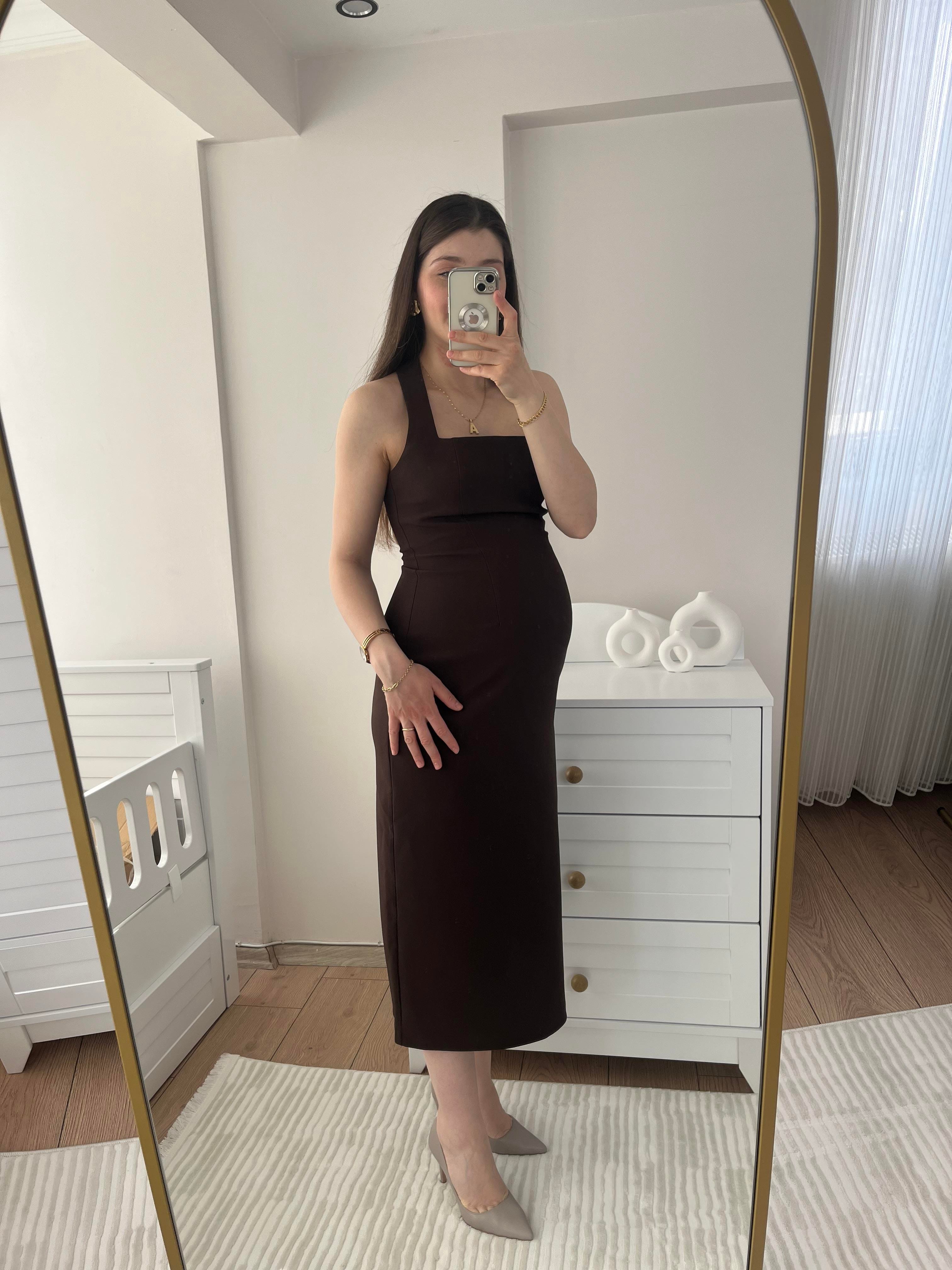 Acıkahve Boyun Askılı Premium Elbise