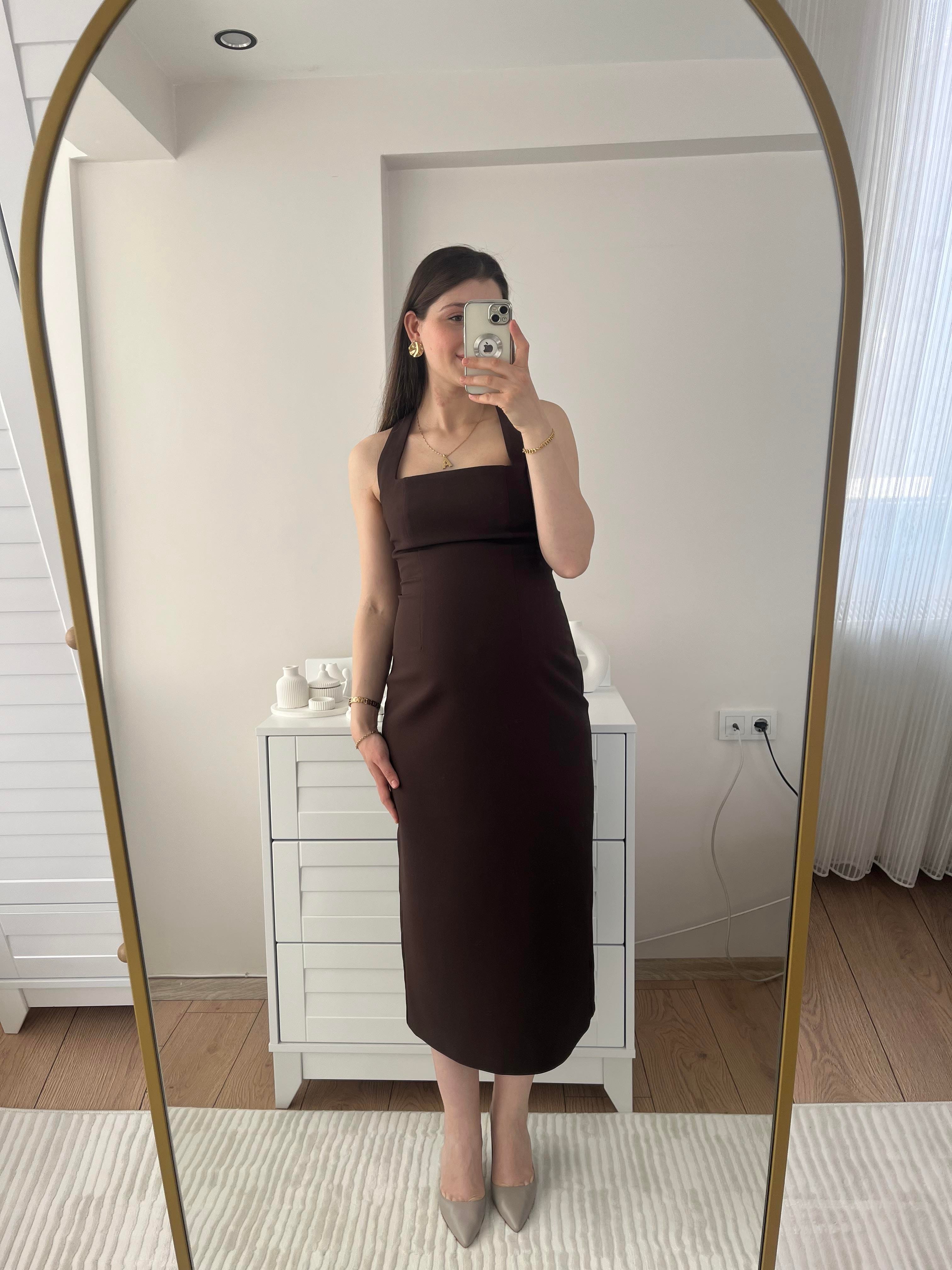 Acıkahve Boyun Askılı Premium Elbise