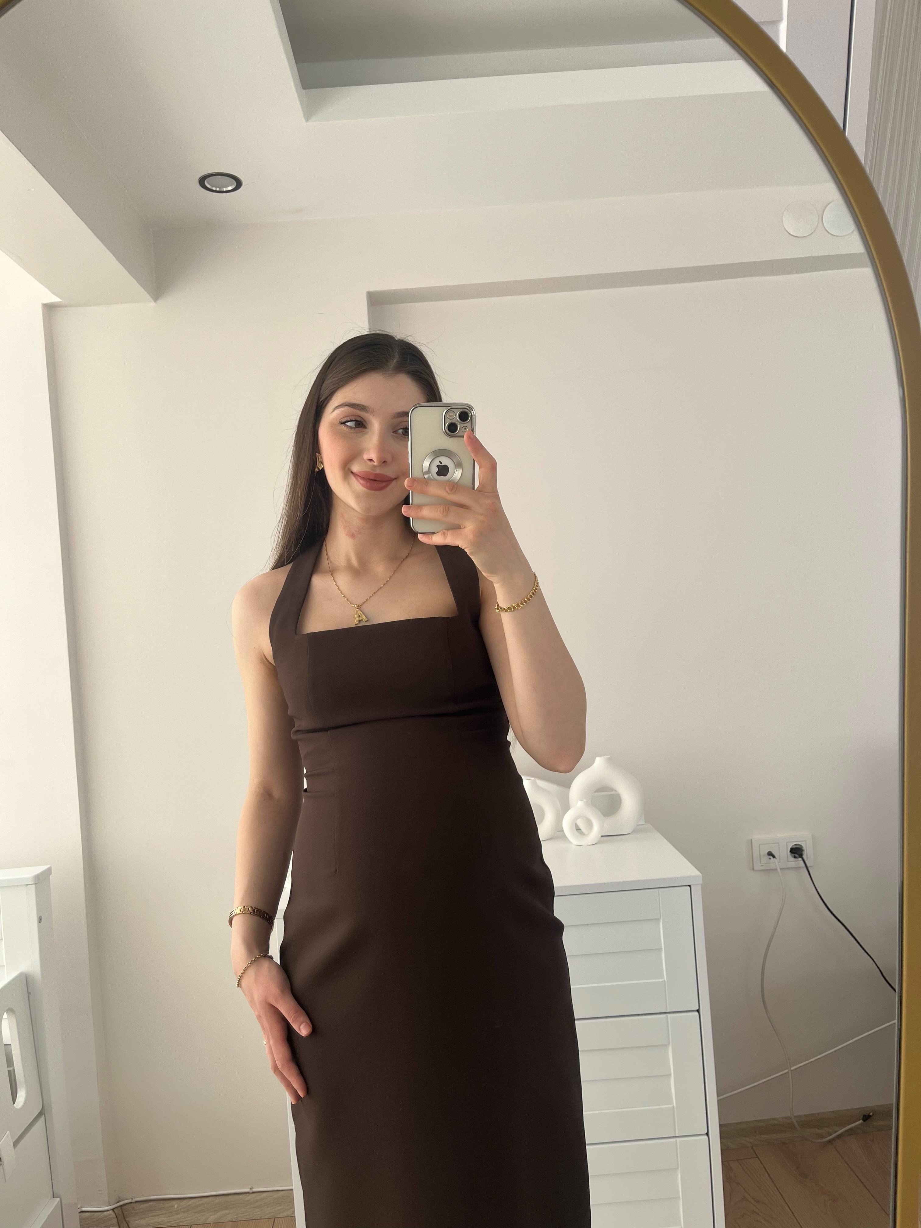 Acıkahve Boyun Askılı Premium Elbise