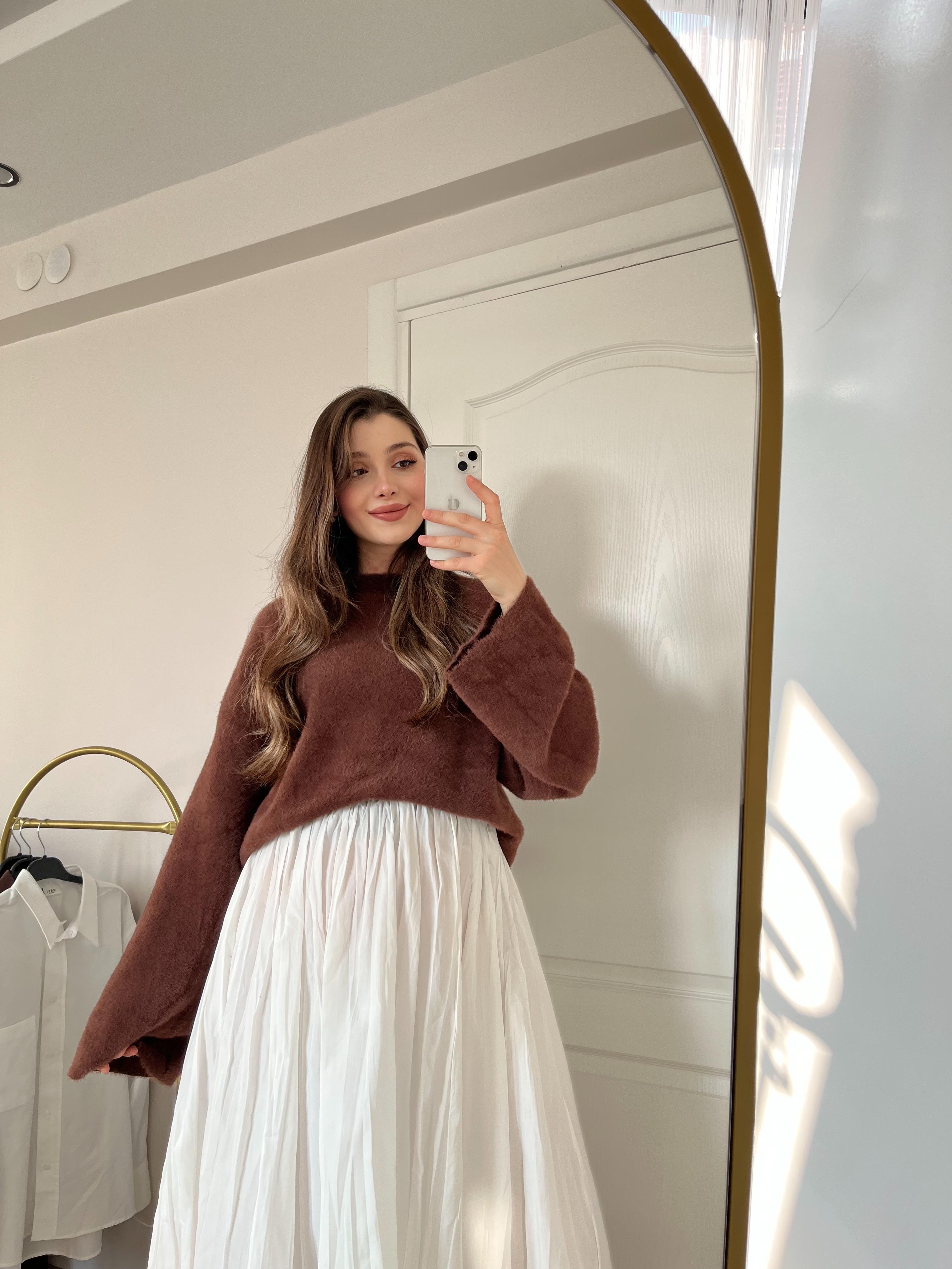 Beyaz Beli Lastikli Astarlı Poplin Etek
