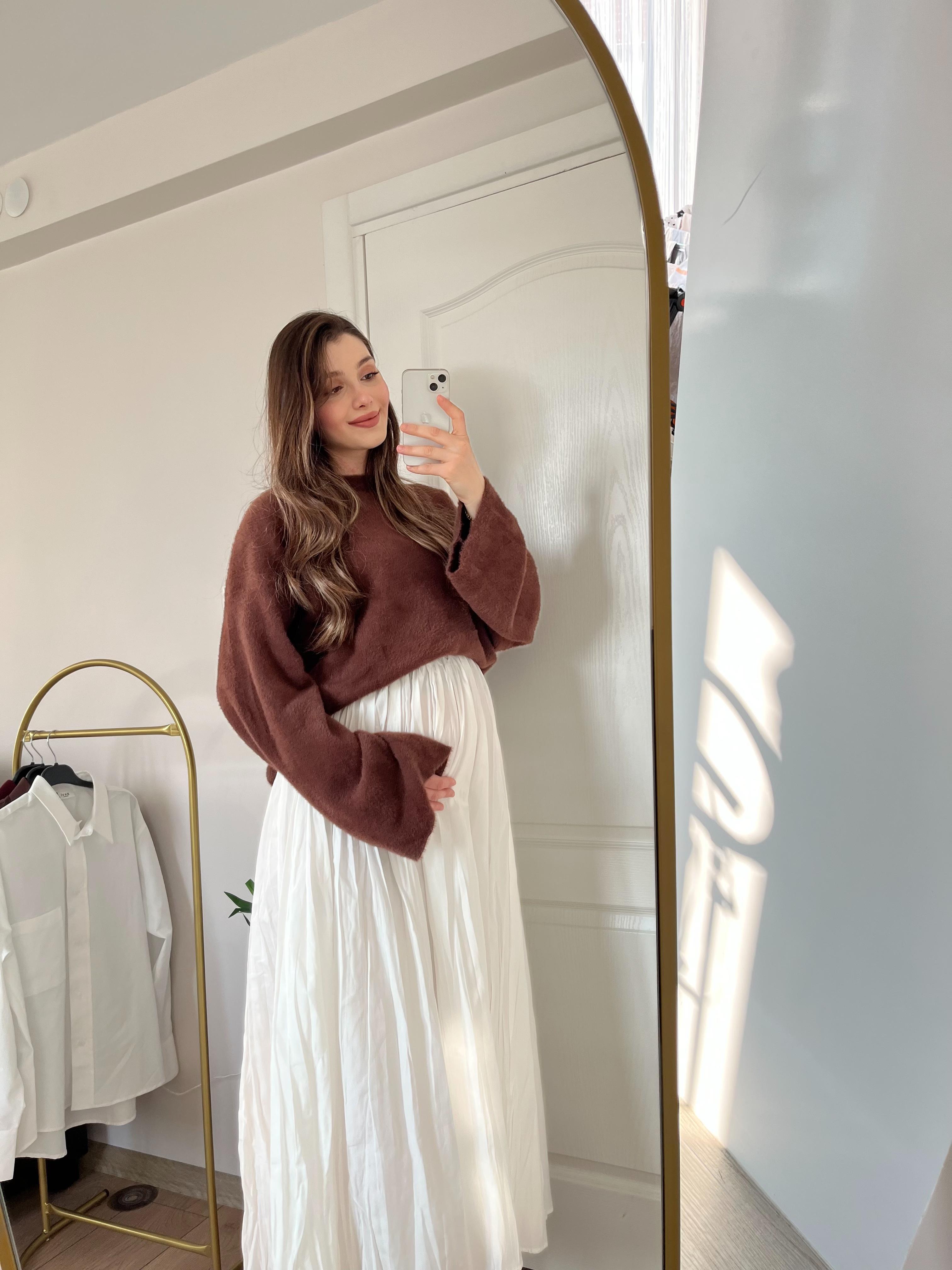 Beyaz Beli Lastikli Astarlı Poplin Etek