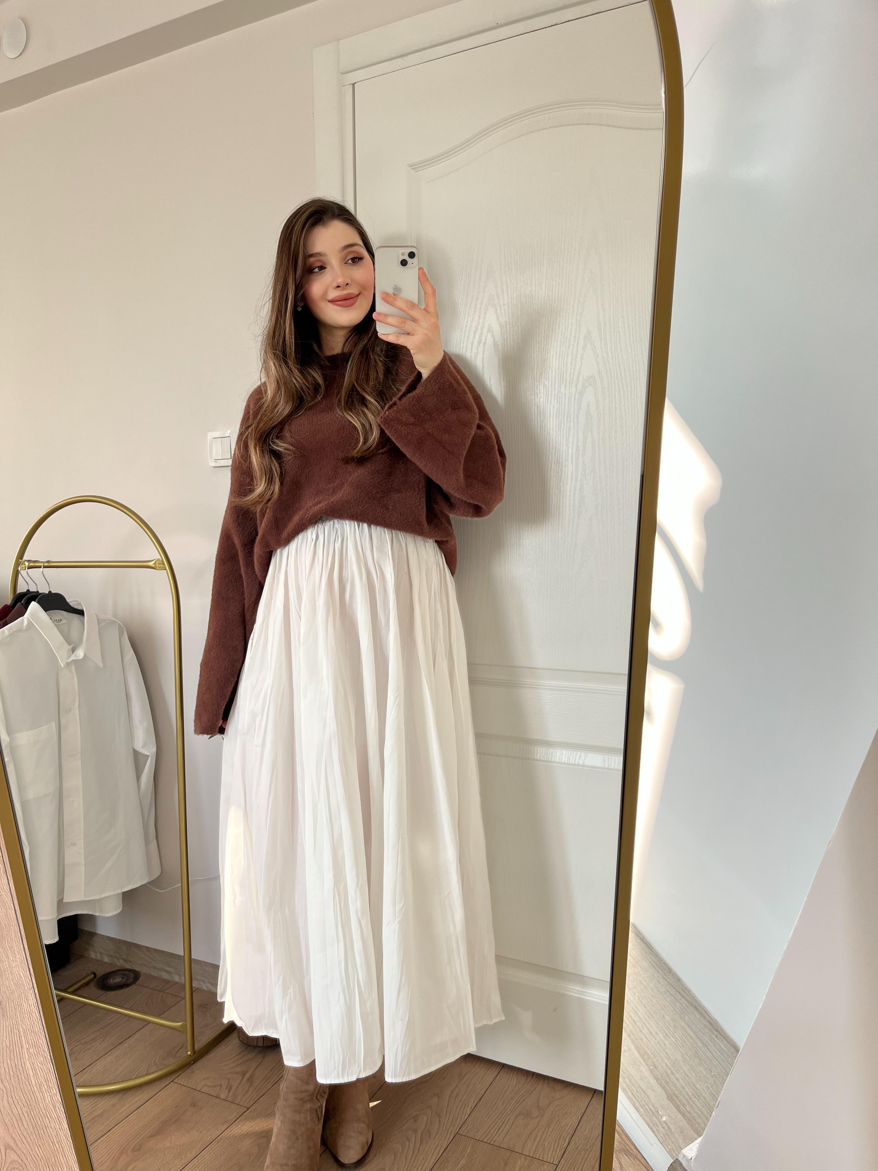 Beyaz Beli Lastikli Astarlı Poplin Etek