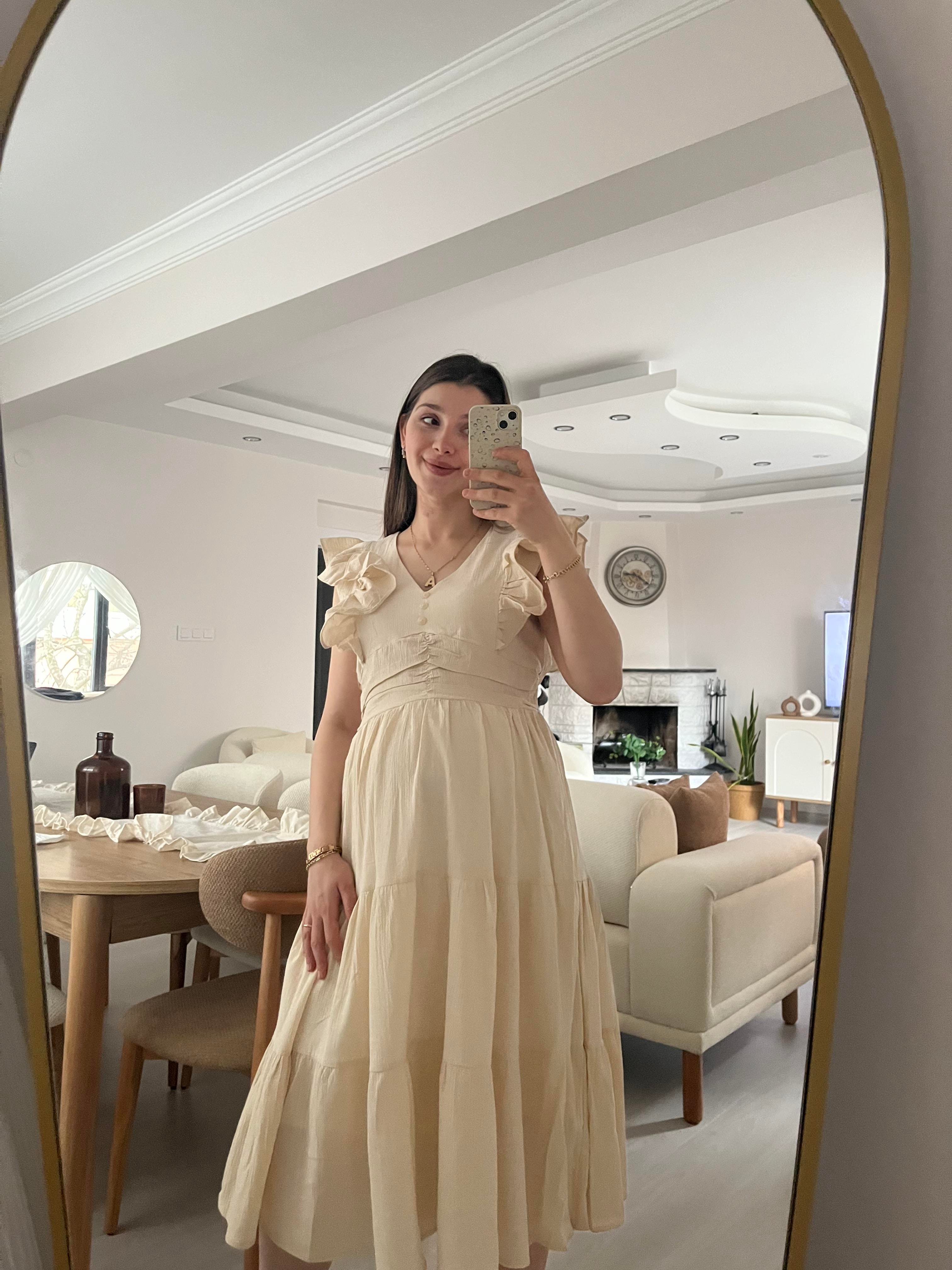 Ekru Fırfır Detaylı Keten Elbise