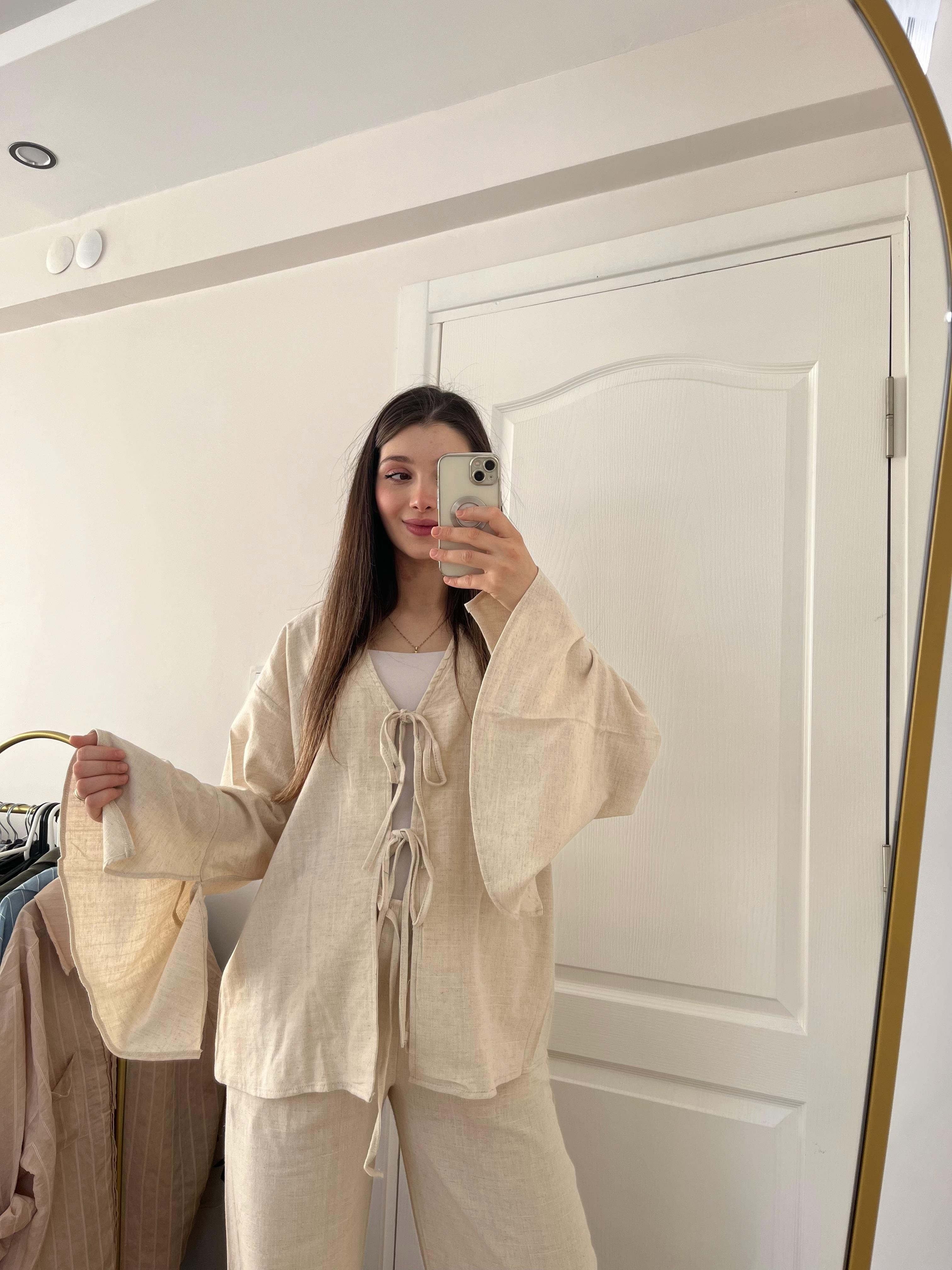 Ekru Fiyonk bağlama detaylı kimona keten takım