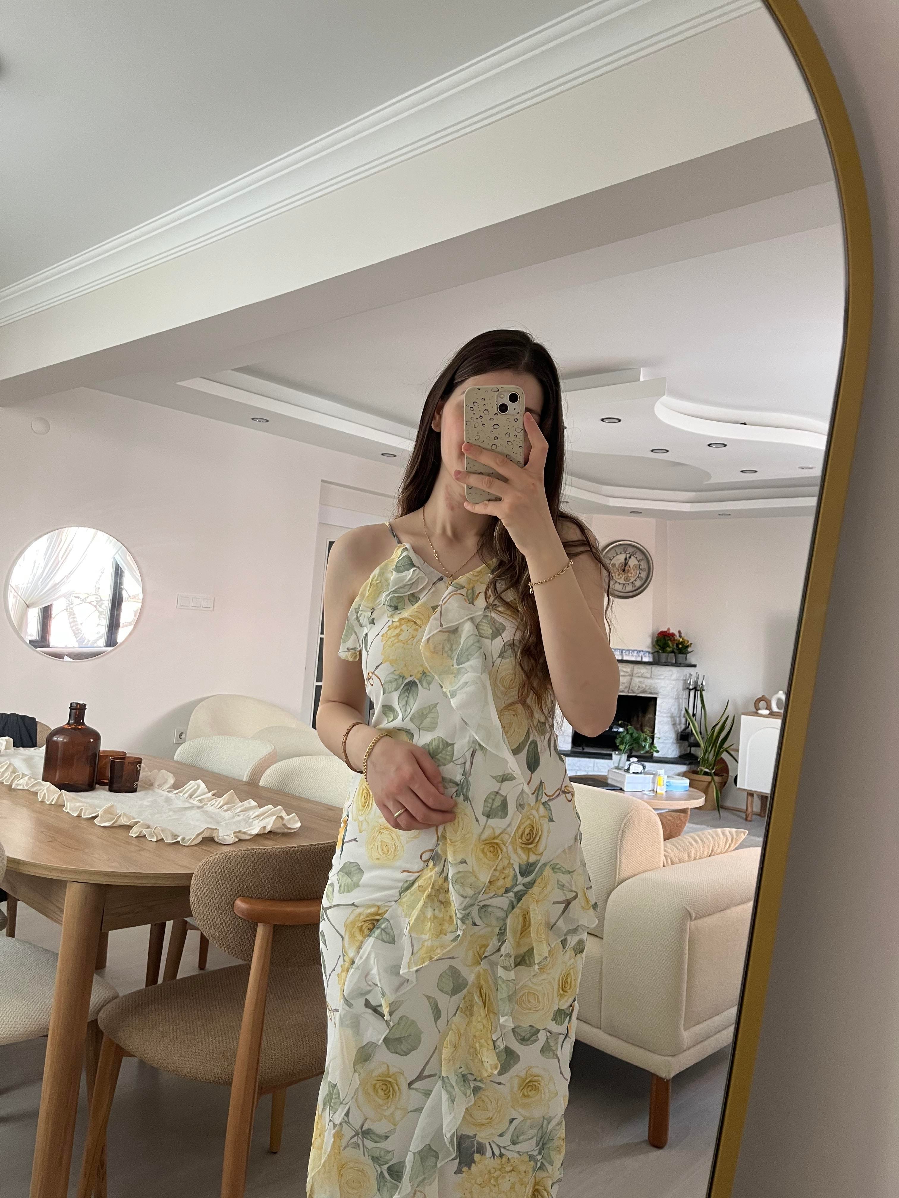 Fırfır Detaylı Askılı Çiçek Elbise 