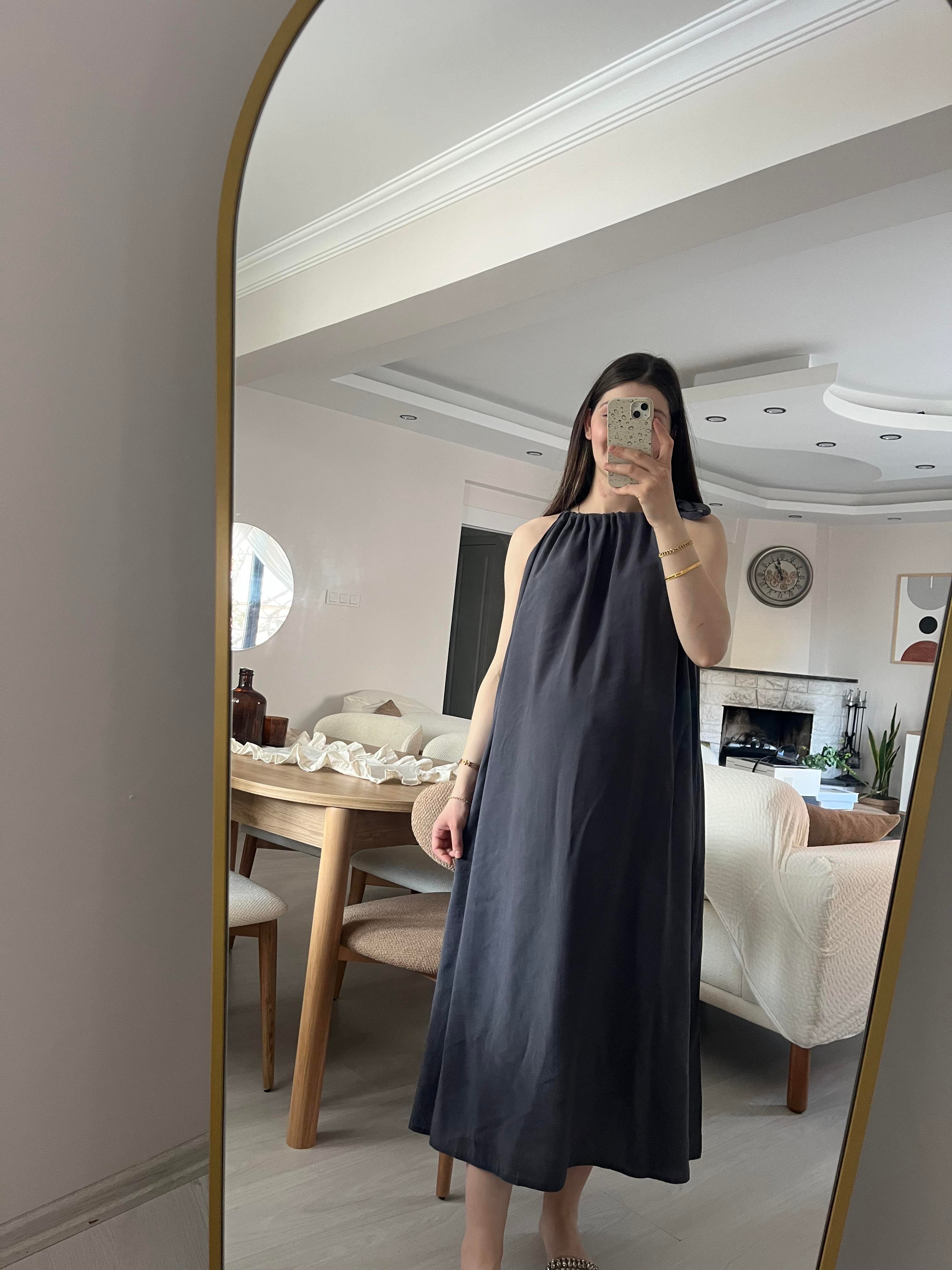 Füme Boyundan Bağlamalı Modal Elbise