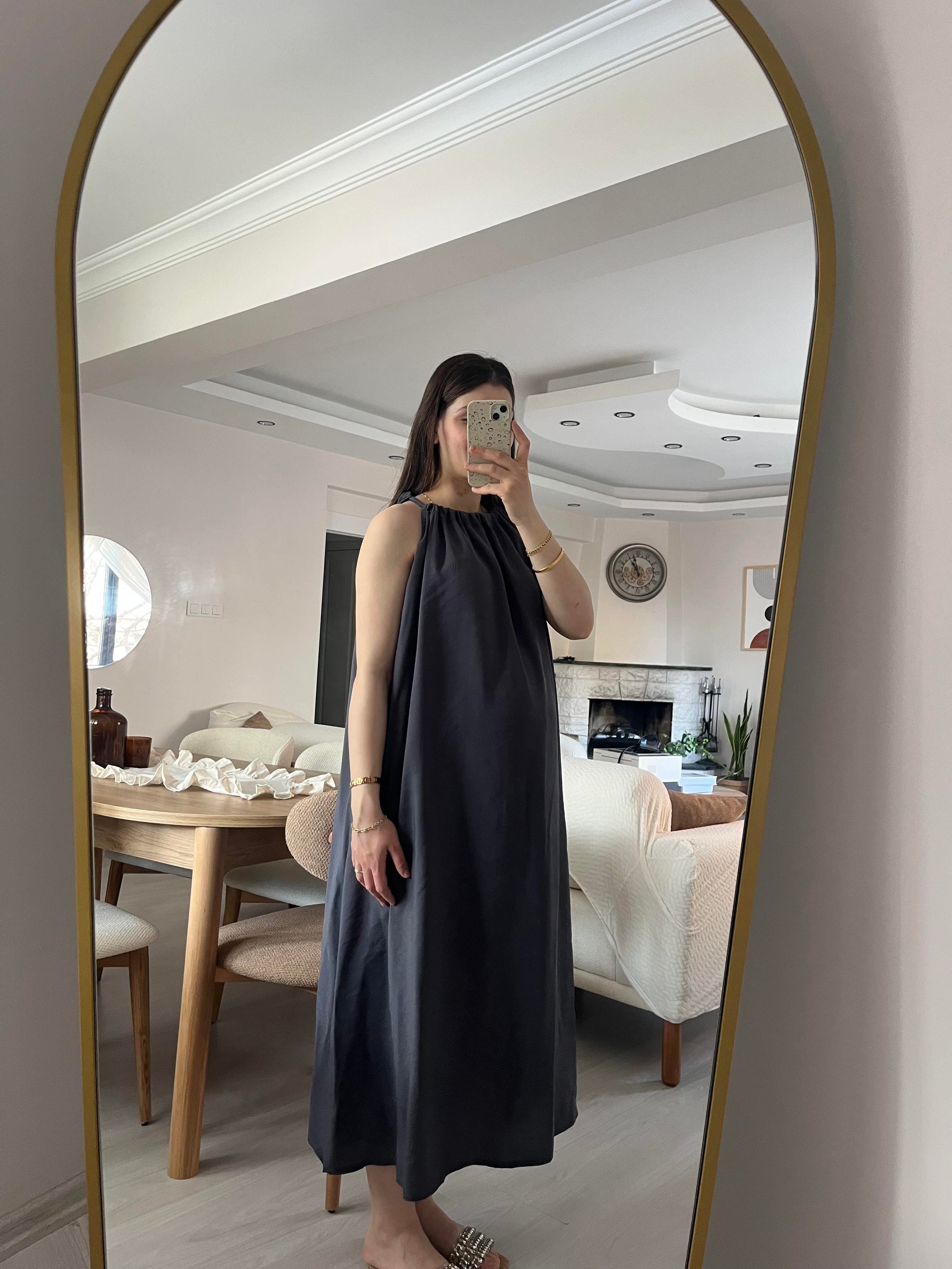 Füme Boyundan Bağlamalı Modal Elbise