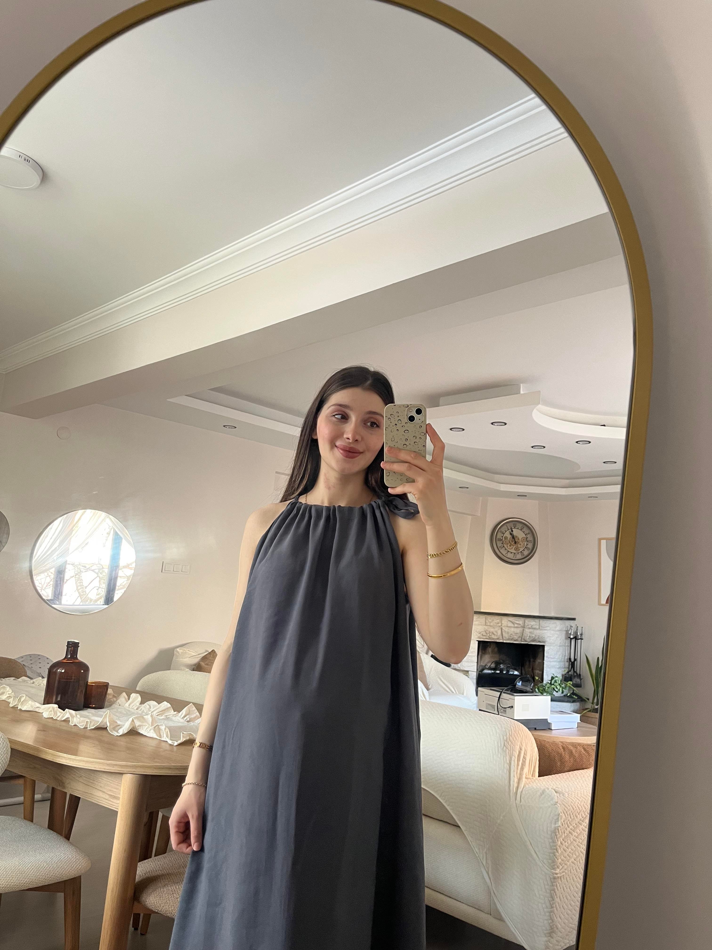 Füme Boyundan Bağlamalı Modal Elbise
