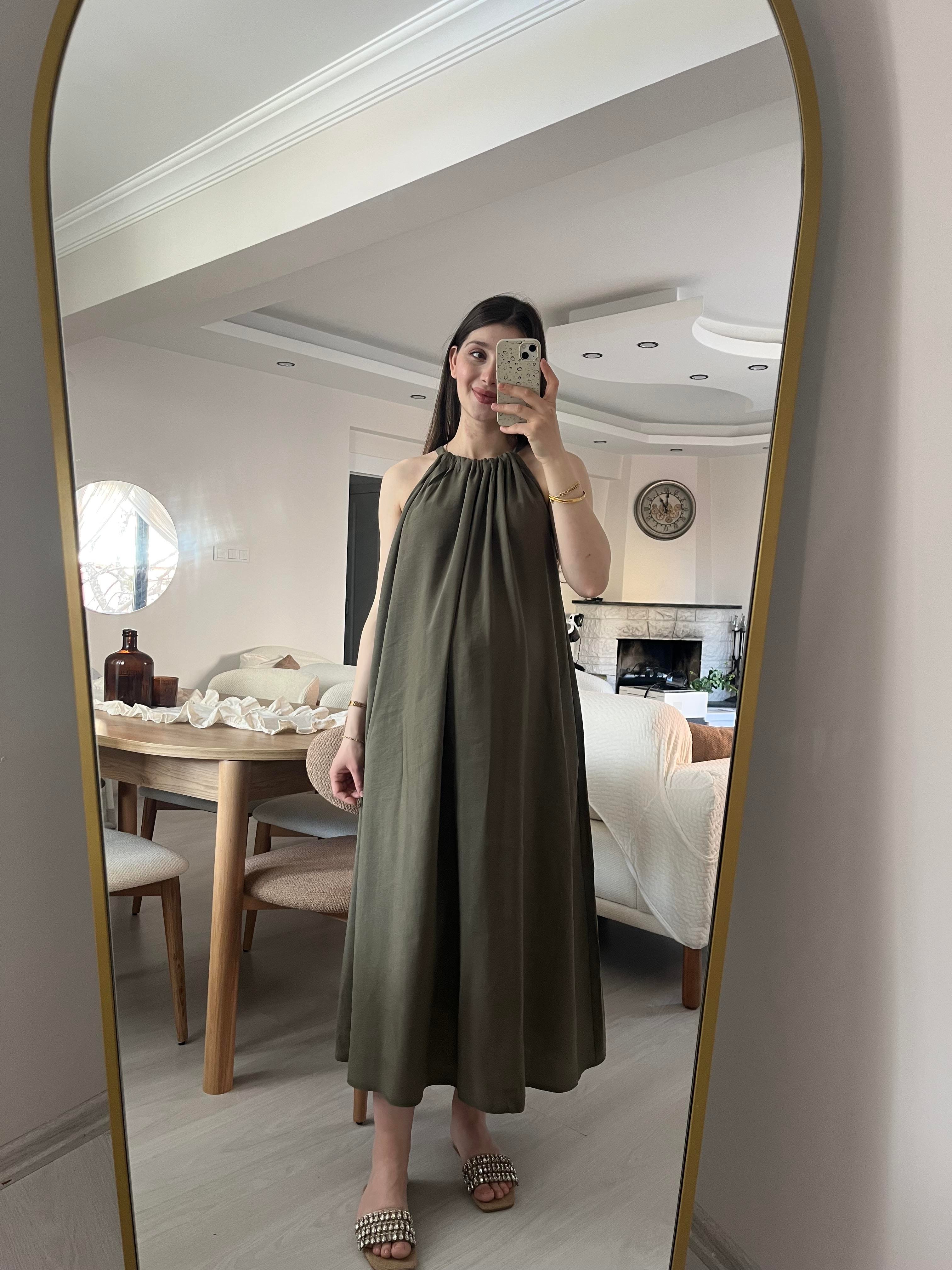 Haki Boyundan Bağlamalı Modal Elbise