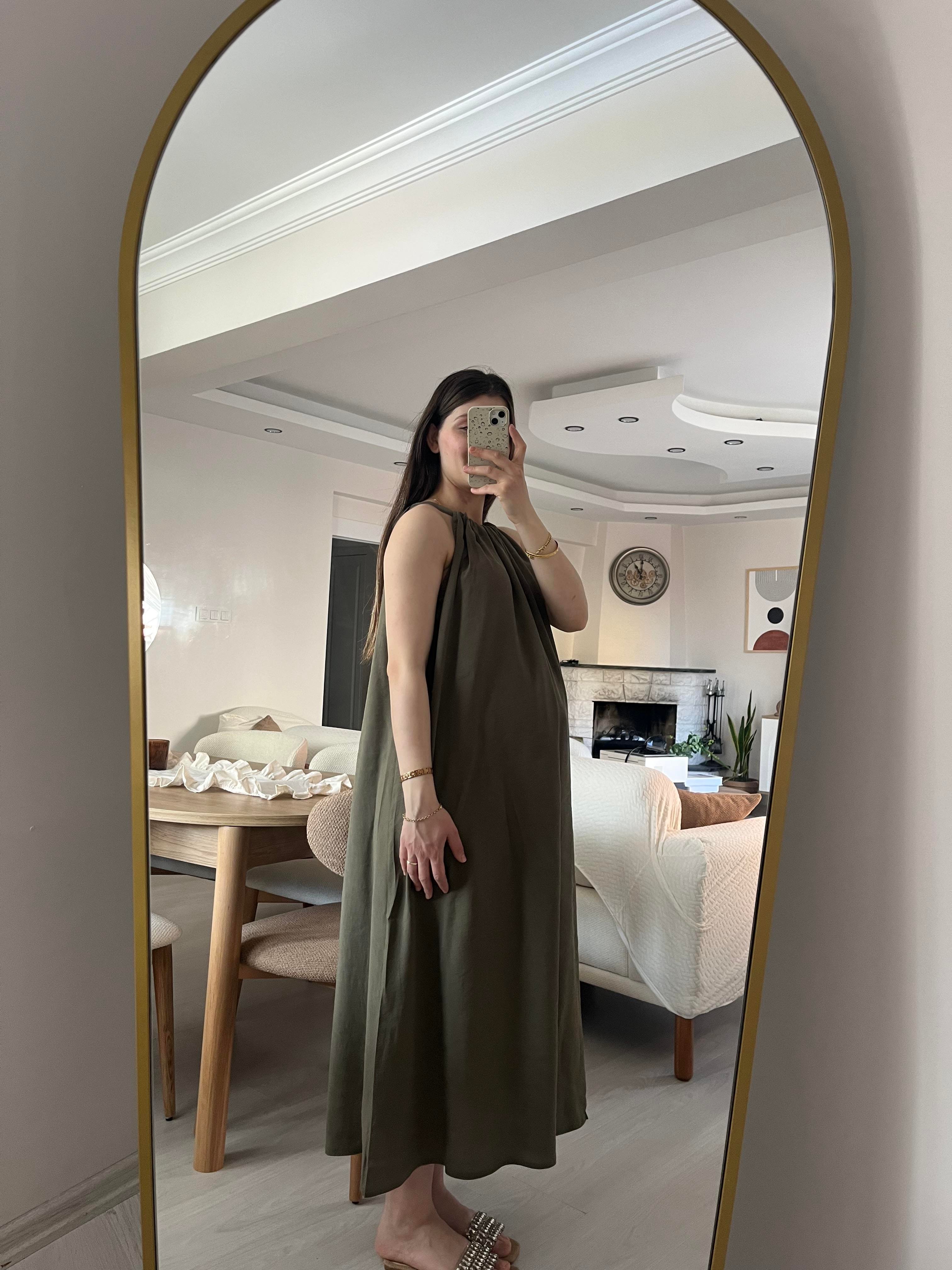Haki Boyundan Bağlamalı Modal Elbise