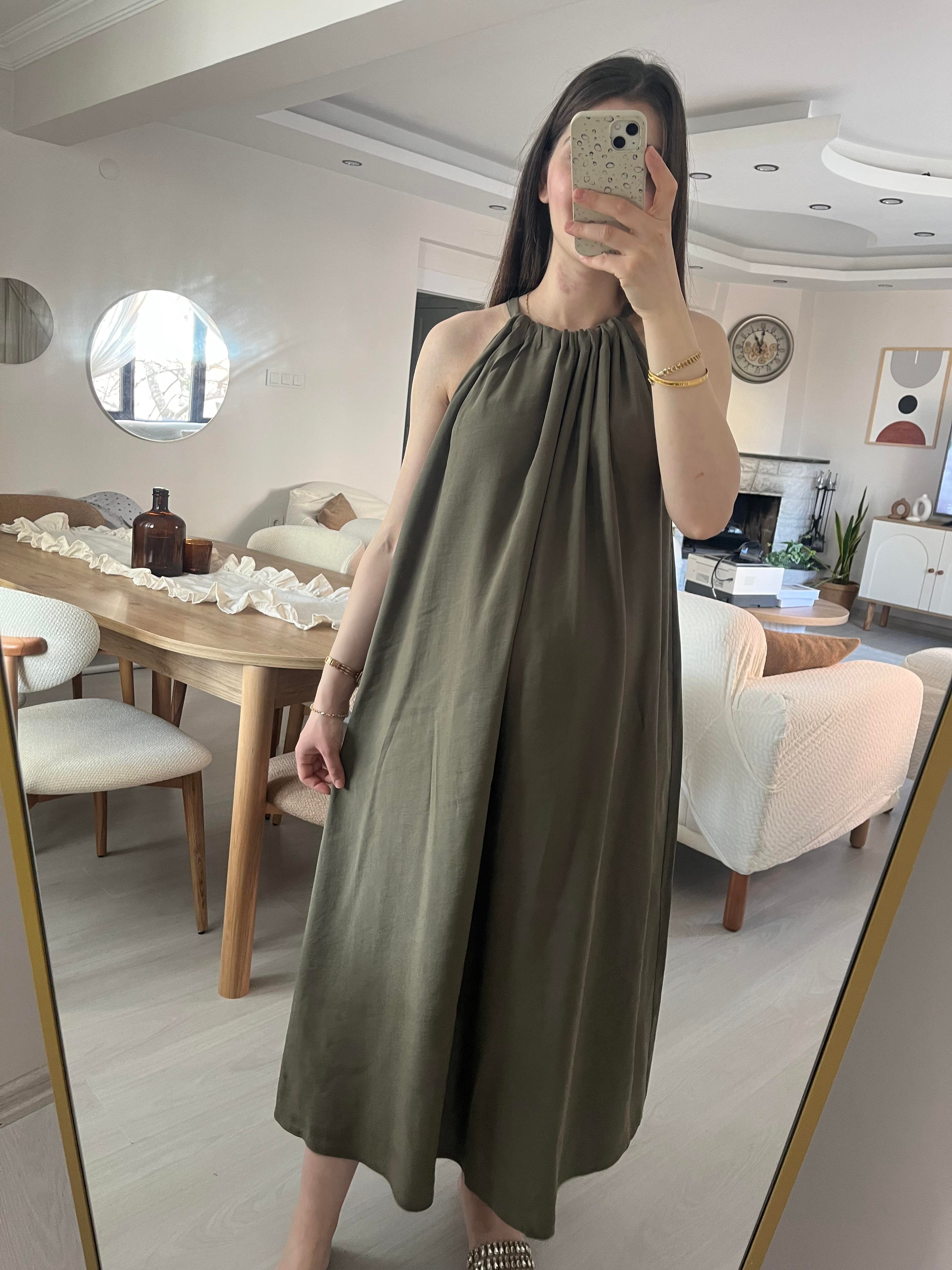 Haki Boyundan Bağlamalı Modal Elbise