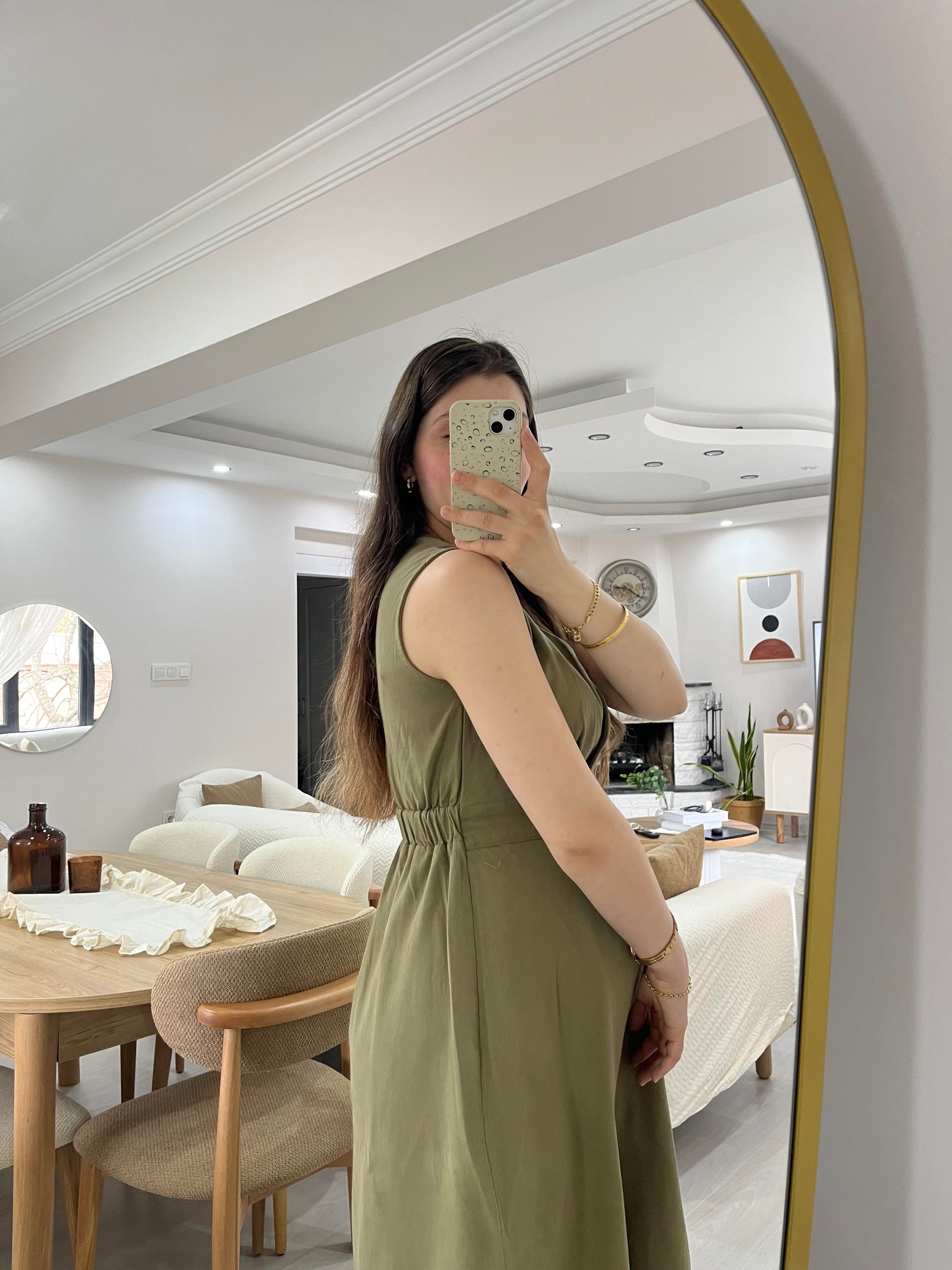 İki Düğmeli Haki Gabardin Elbise