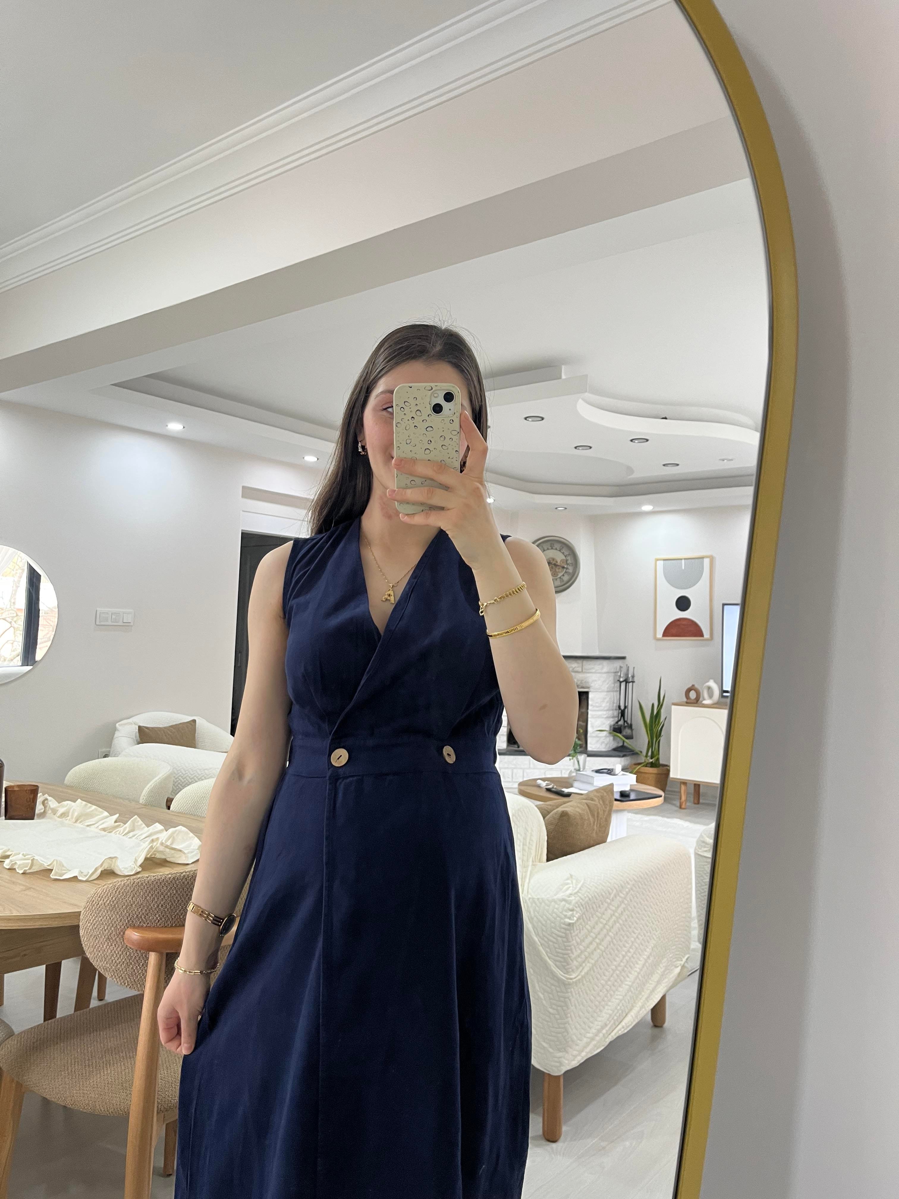 İki Düğmeli Lacivert Gabardin Elbise