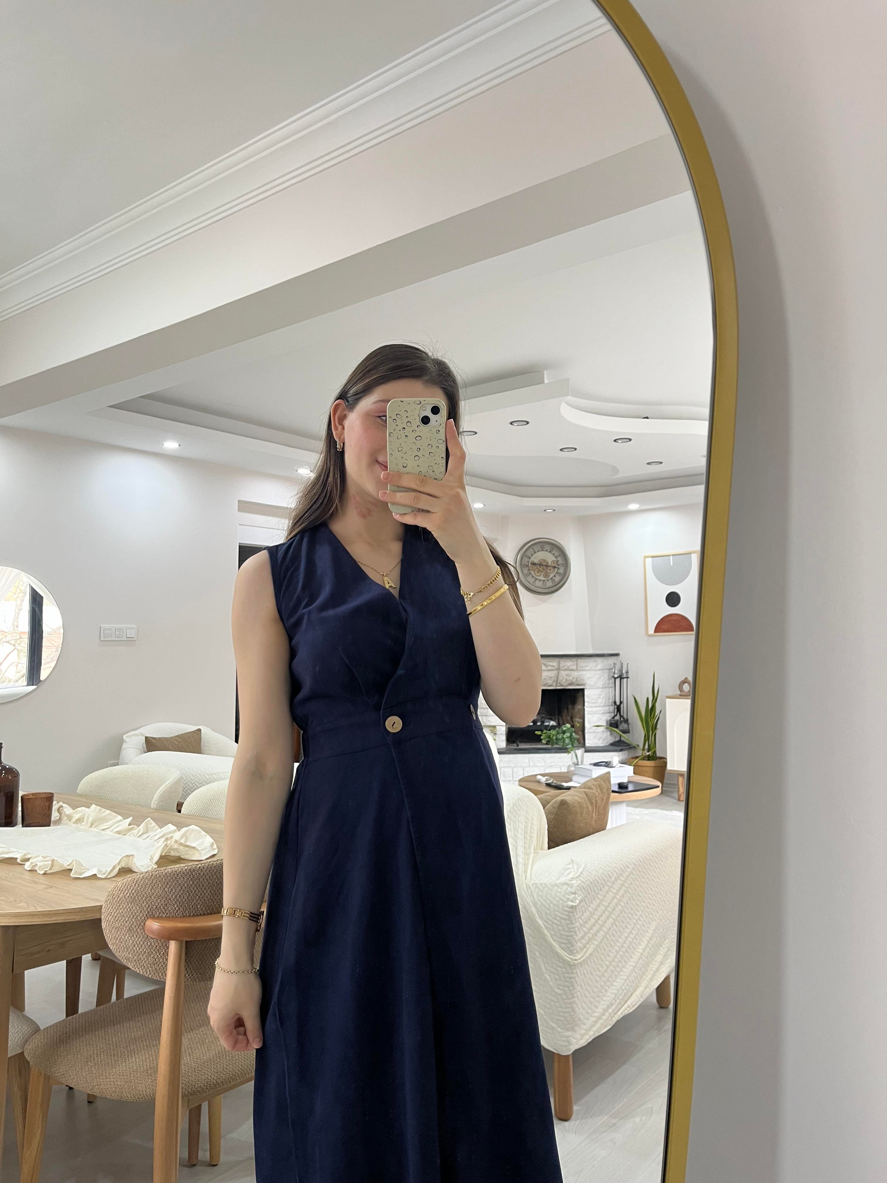 İki Düğmeli Lacivert Gabardin Elbise