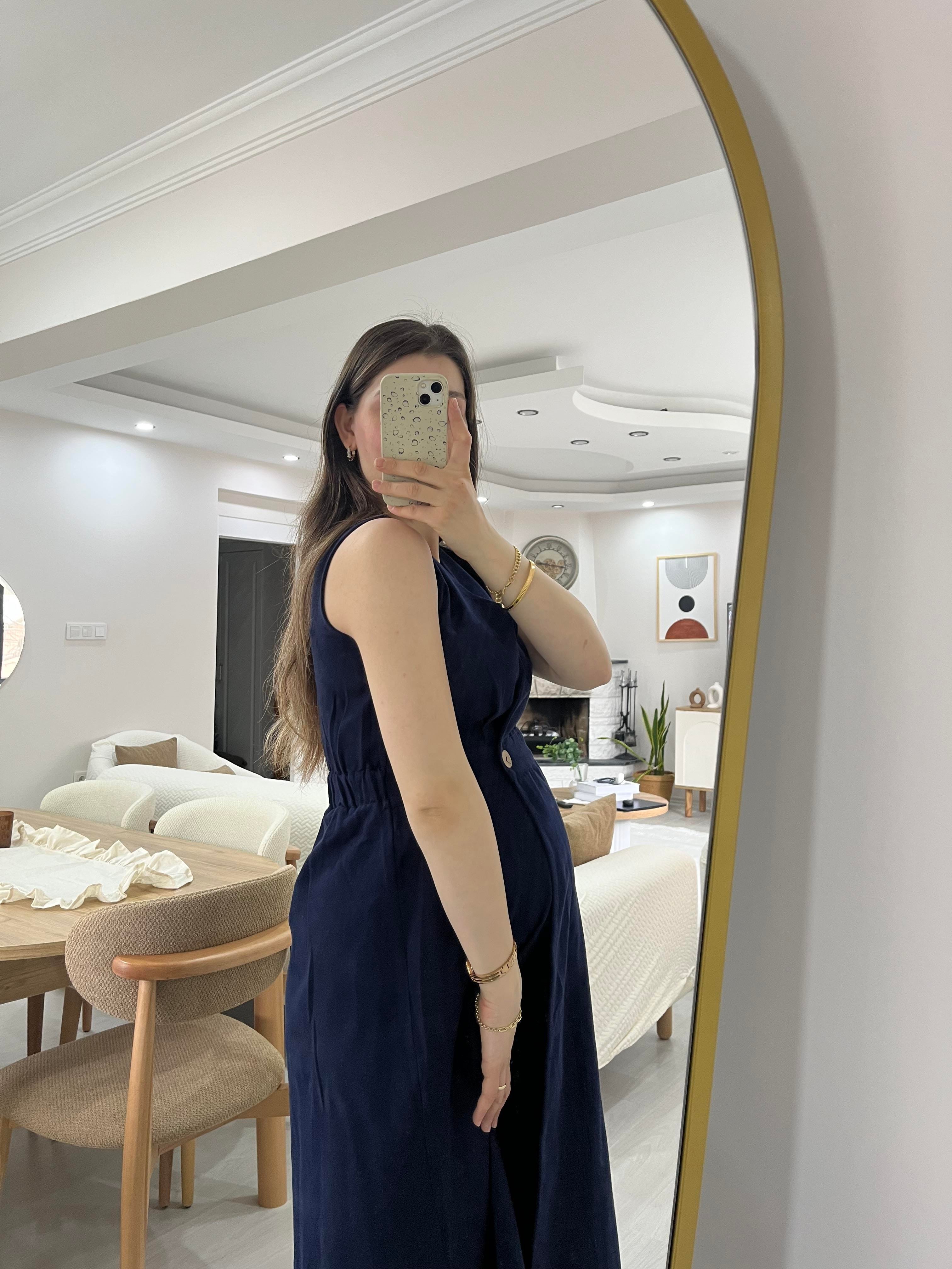İki Düğmeli Lacivert Gabardin Elbise