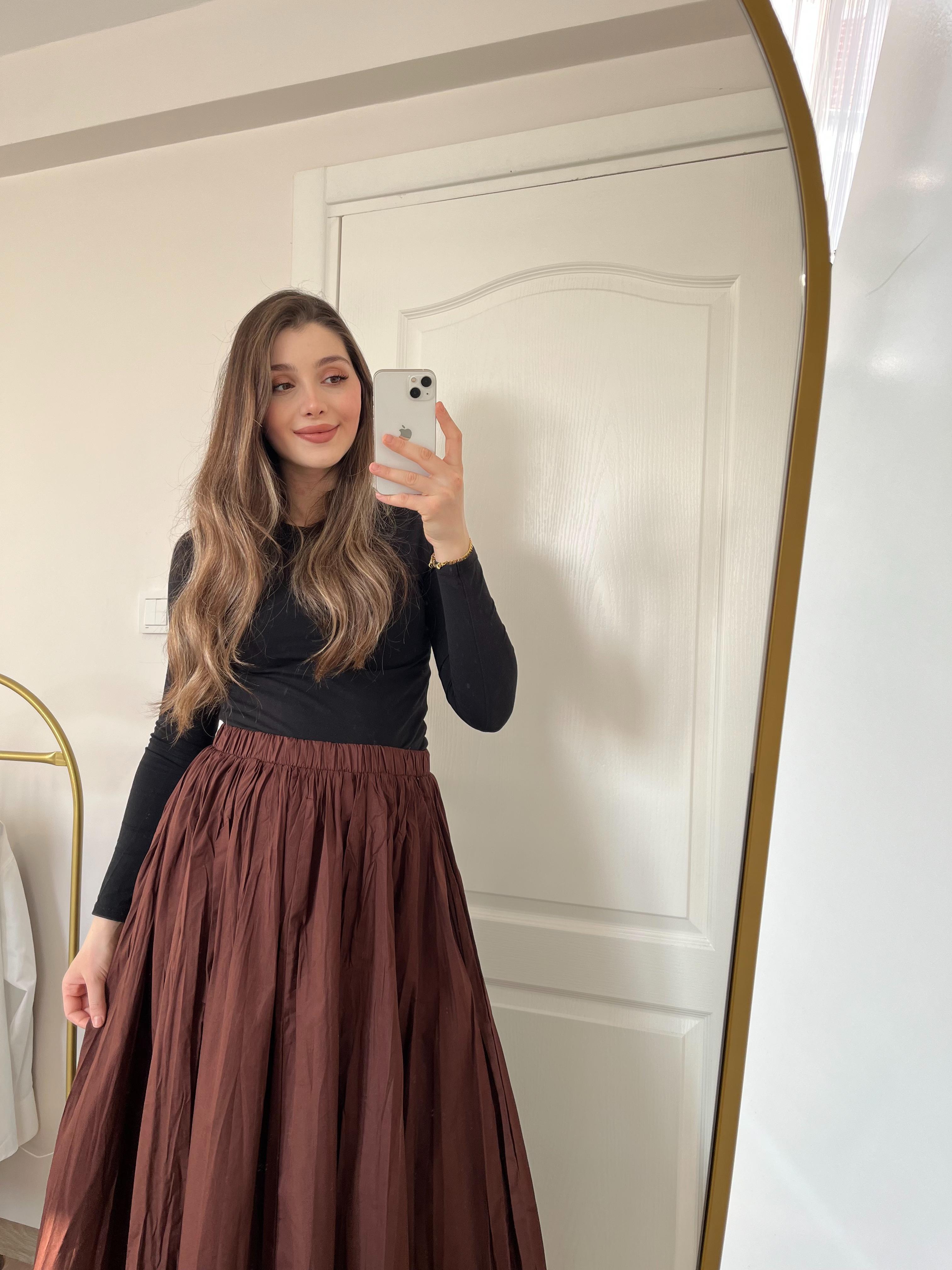 Kahve Beli Lastikli Astarlı Poplin Etek