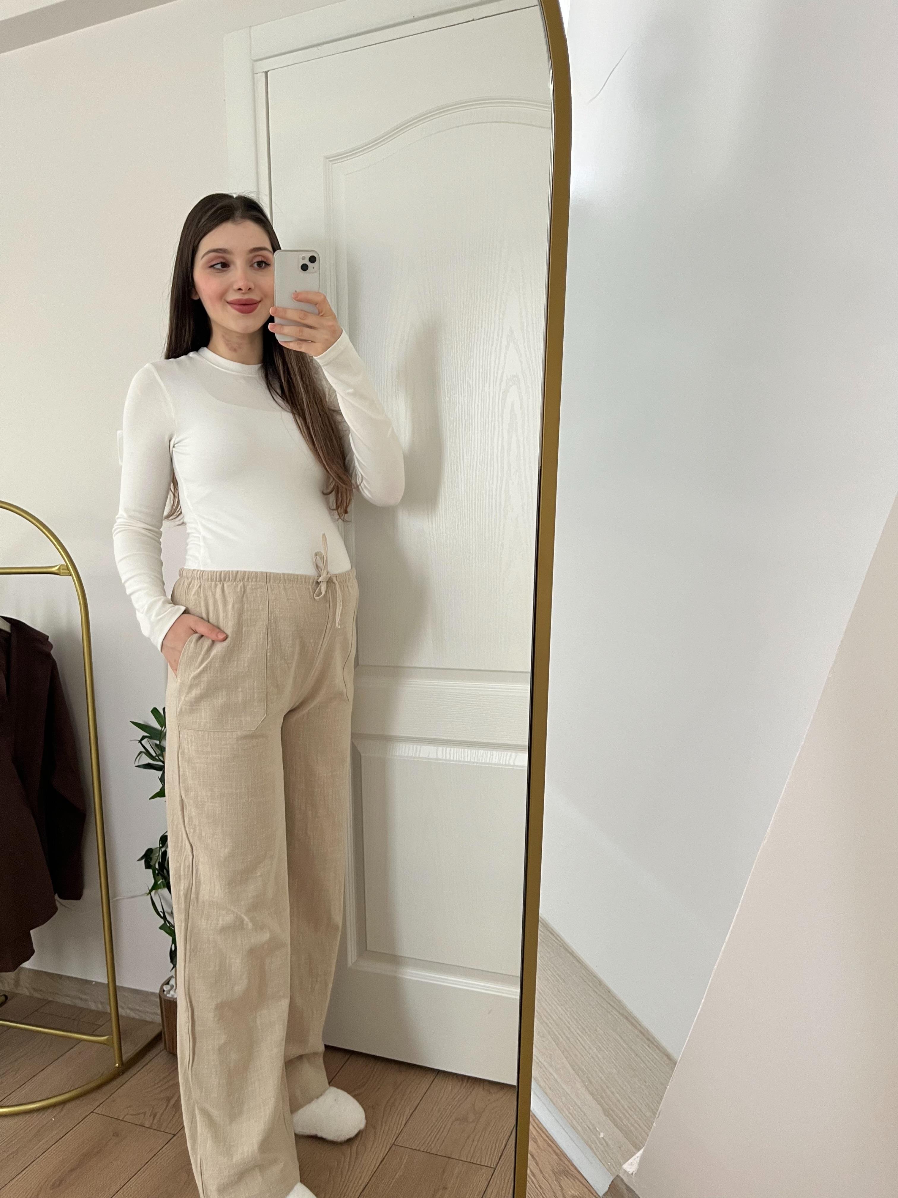 Keten Yüksek Bel Ekru Lastikli Pantolon 