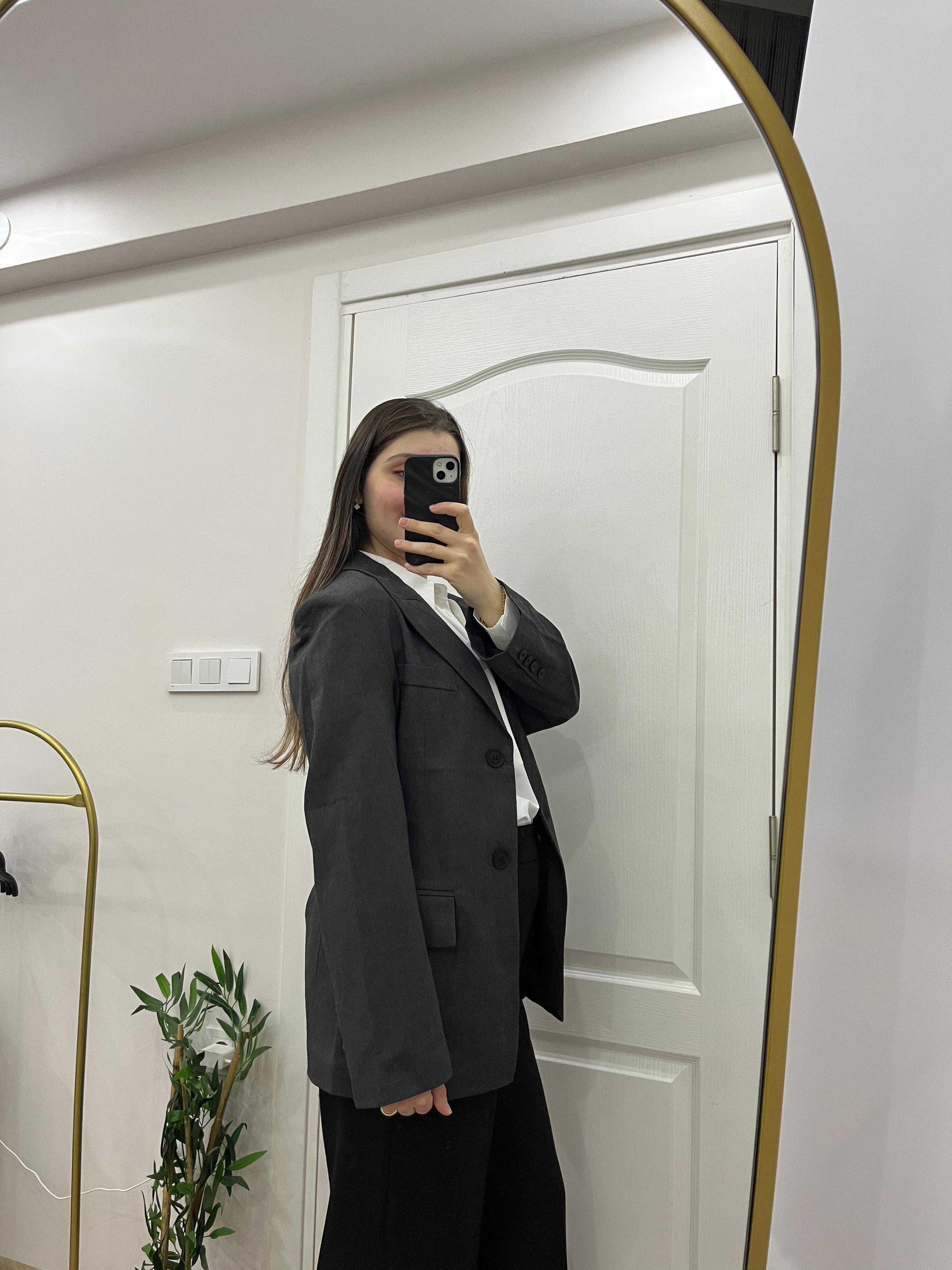 Koyu Gri Çift Düğmeli Blazer Ceket