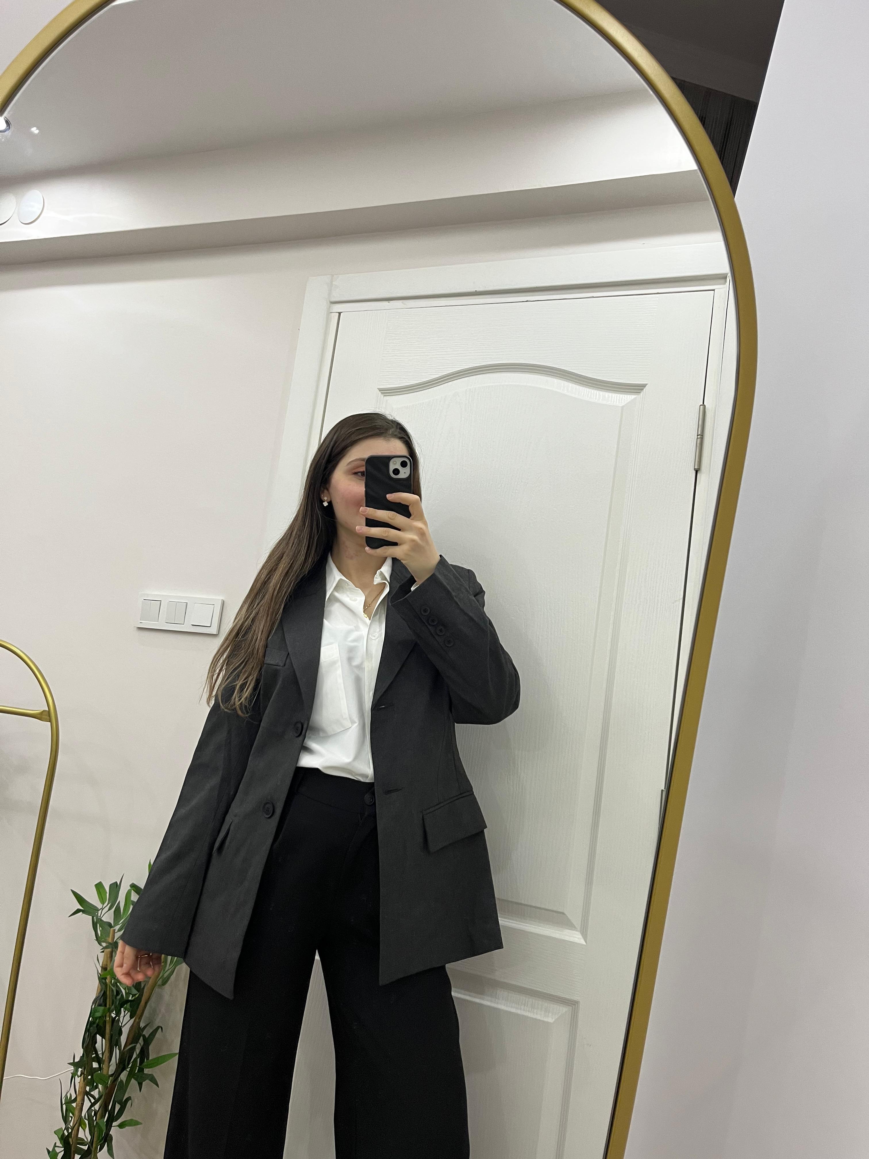 Koyu Gri Çift Düğmeli Blazer Ceket