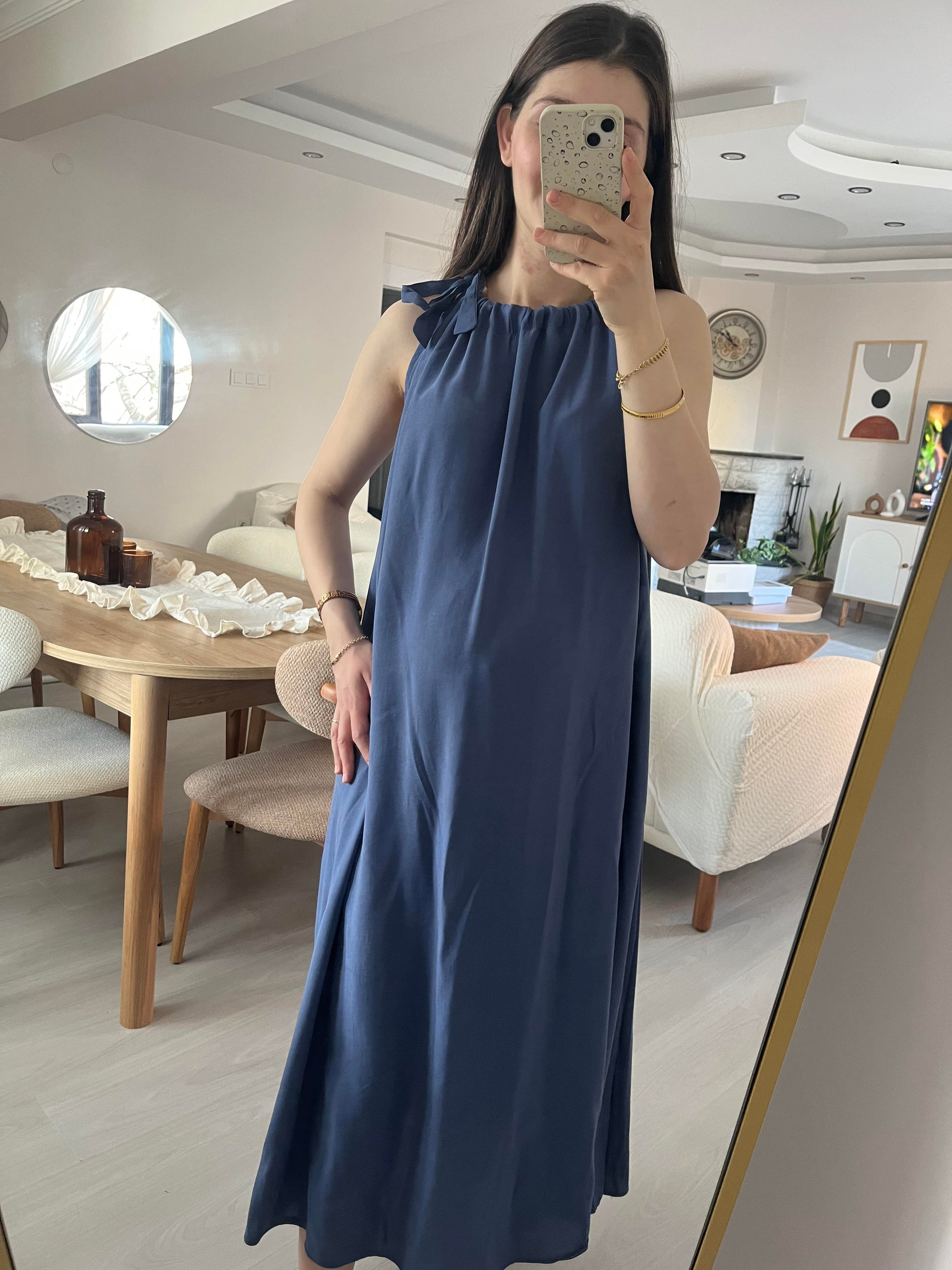 Mavi Boyundan Bağlamalı Modal Elbise