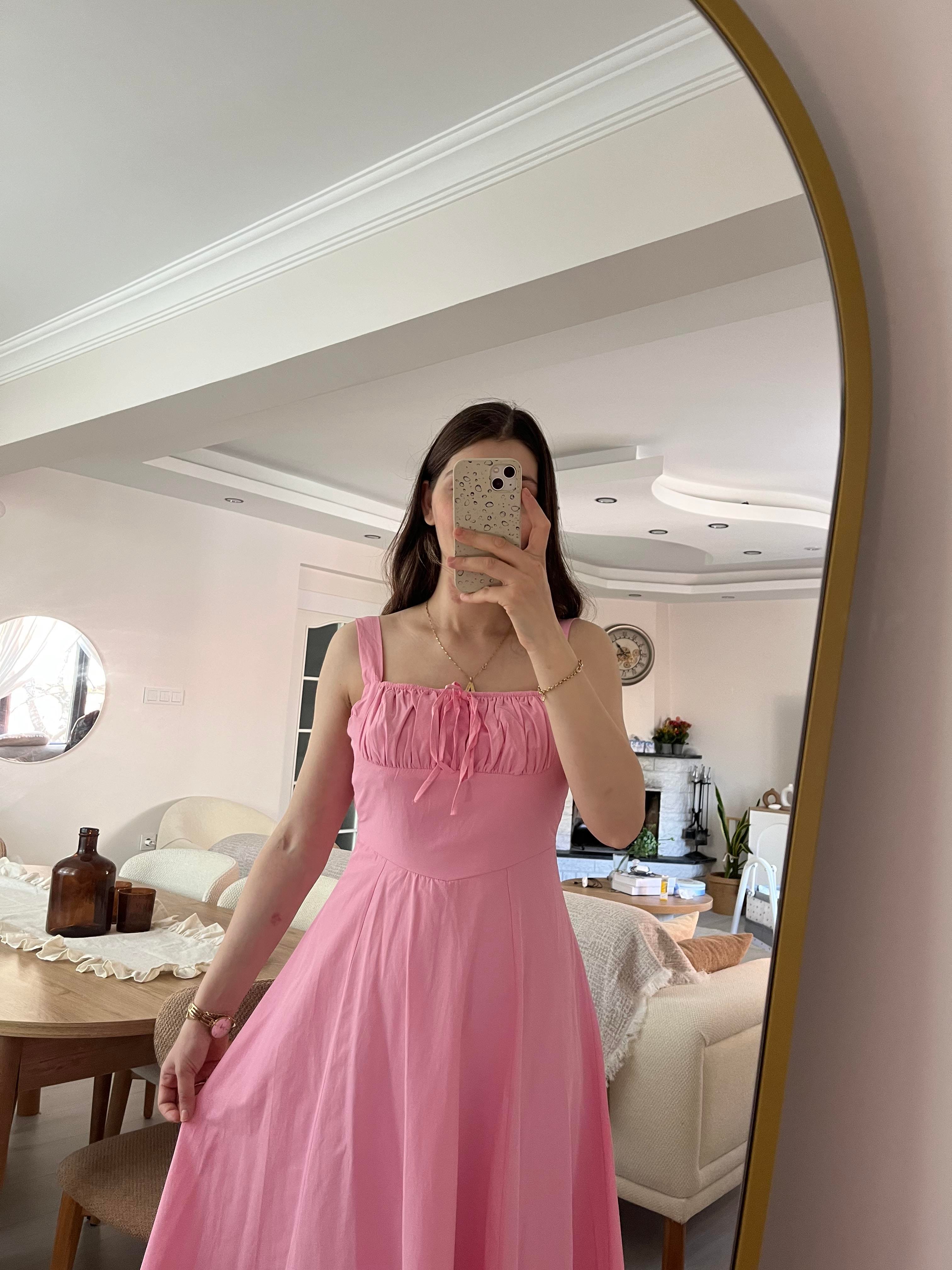 Pembe  Askılı Astarlı Elbise