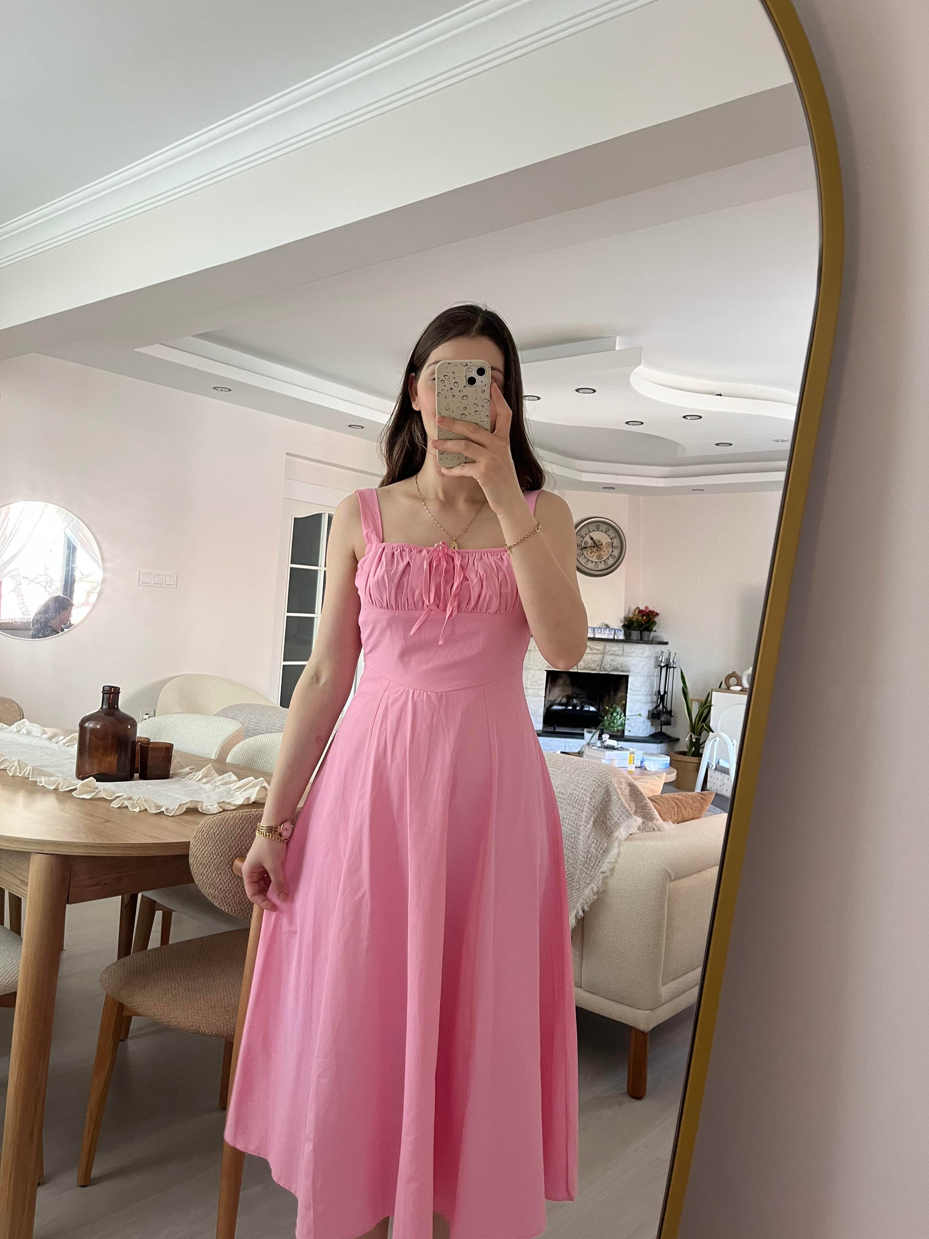 Pembe  Askılı Astarlı Elbise
