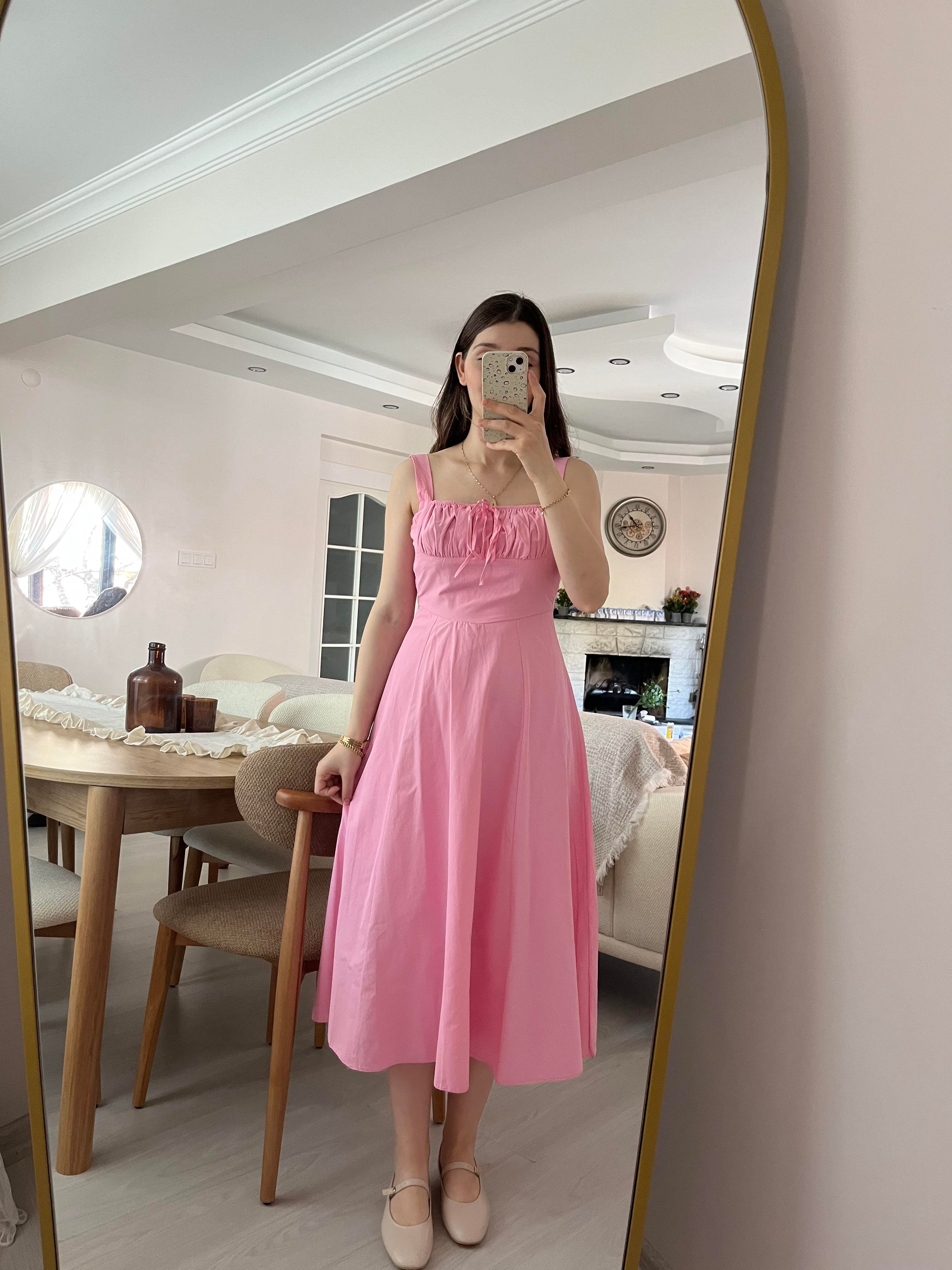 Pembe  Askılı Astarlı Elbise