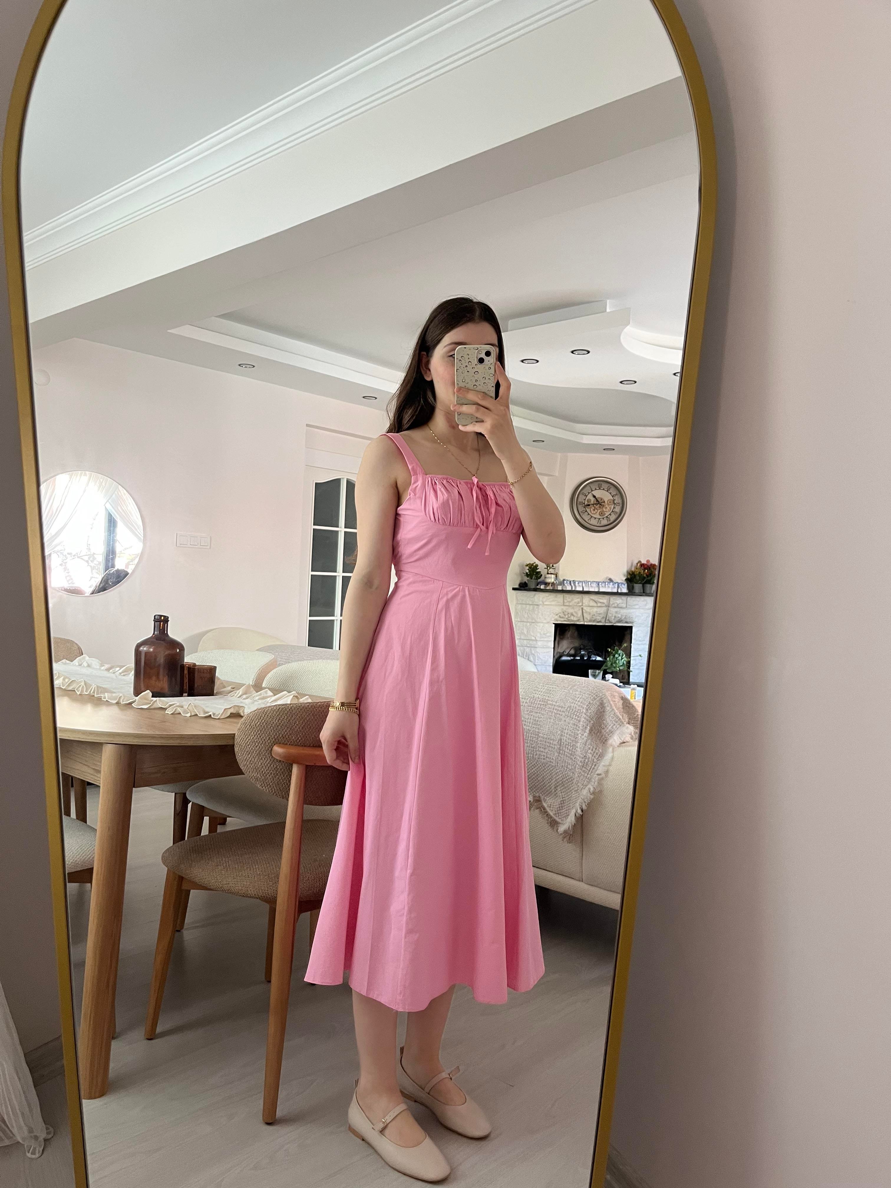 Pembe  Askılı Astarlı Elbise