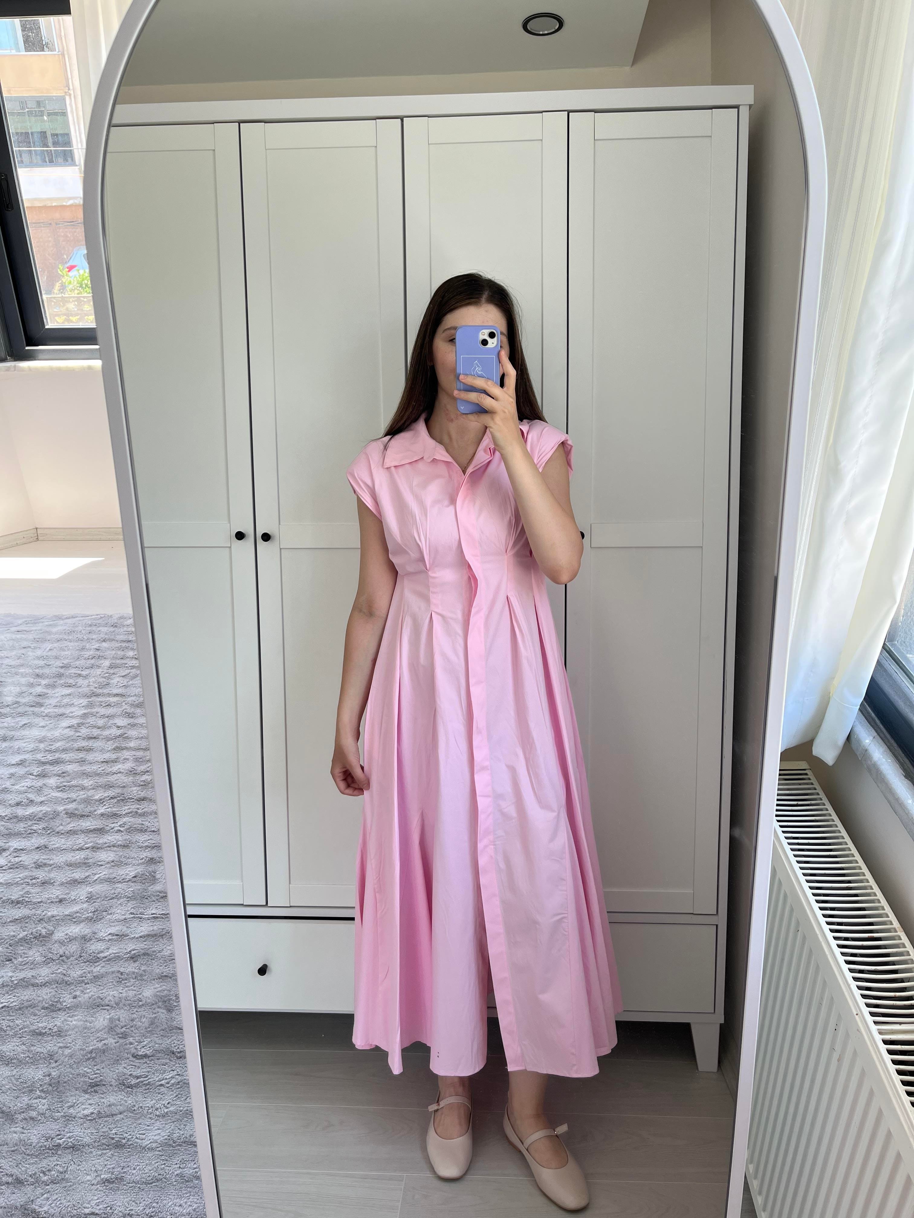 Pembe Uzun Poplin Elbise