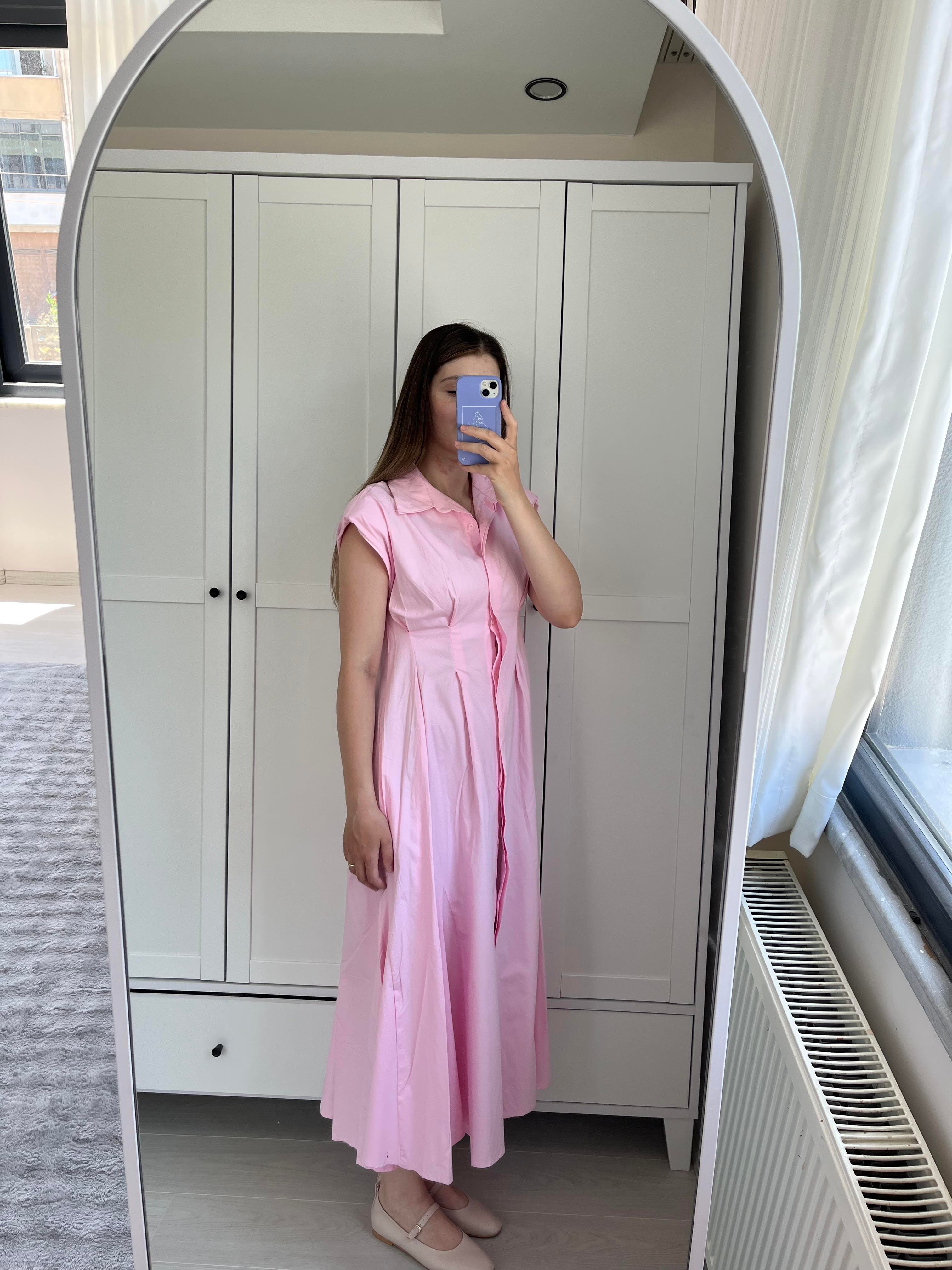 Pembe Uzun Poplin Elbise