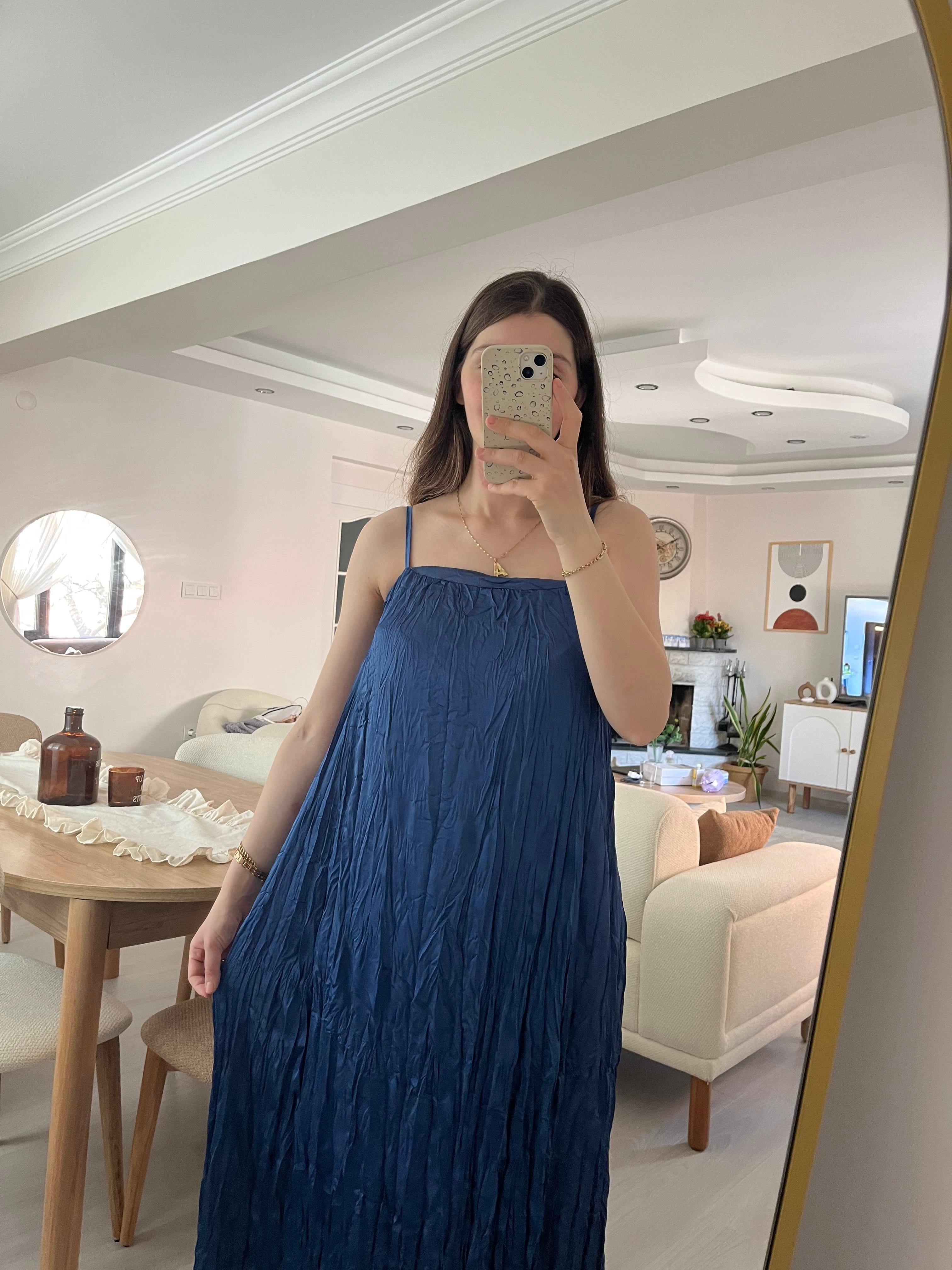 Premium Mavi Kırışık Kumaş Elbise
