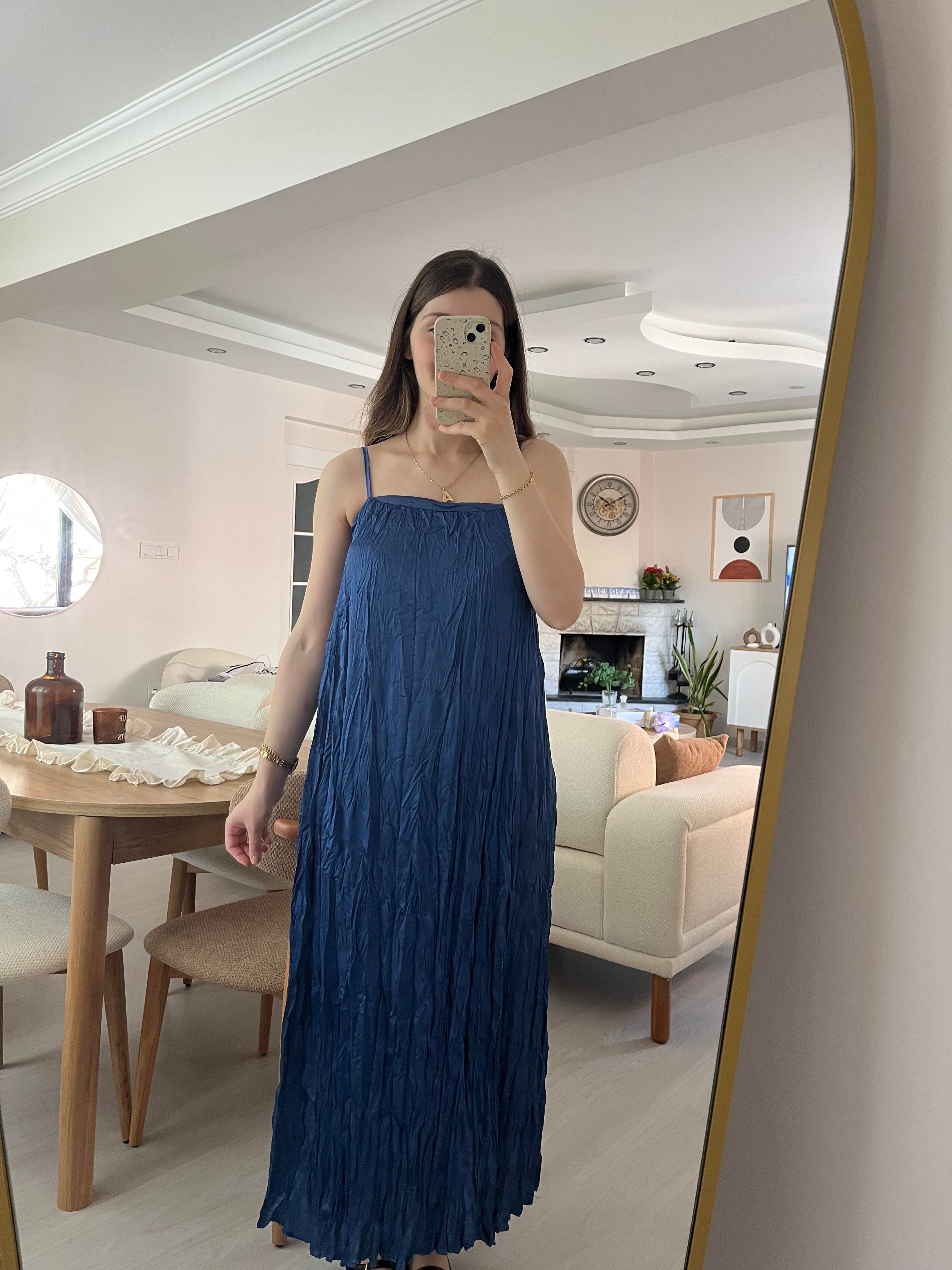 Premium Mavi Kırışık Kumaş Elbise