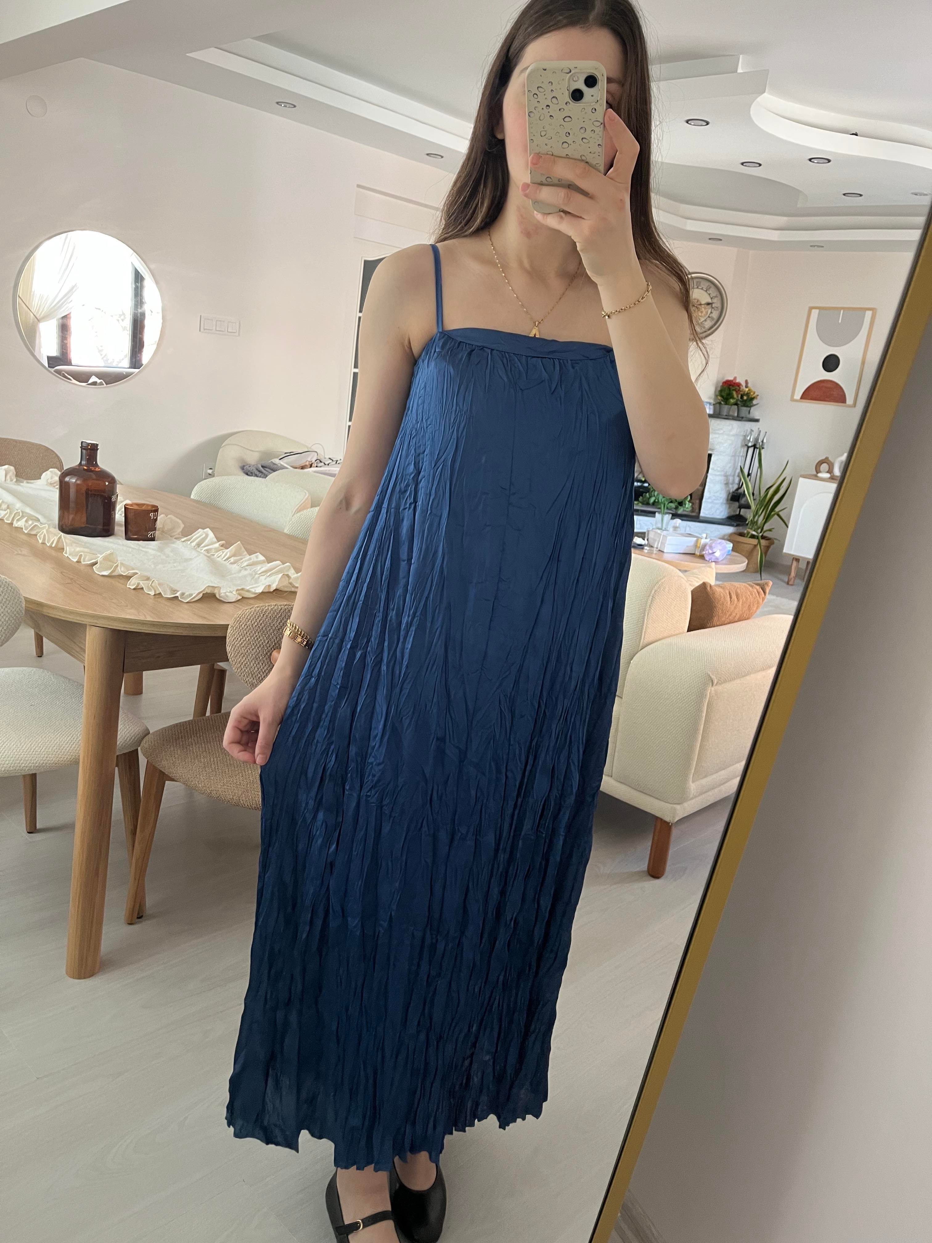 Premium Mavi Kırışık Kumaş Elbise