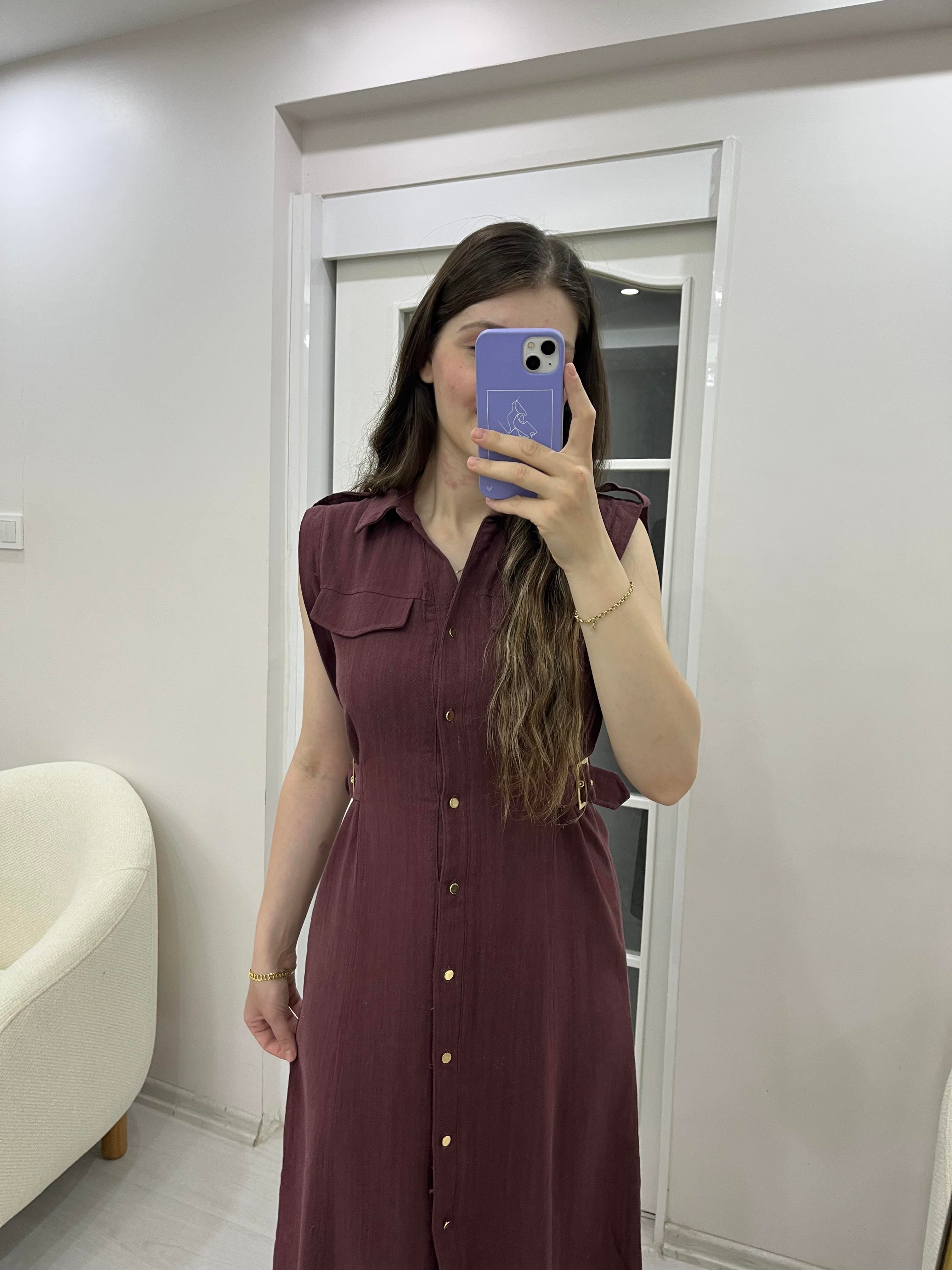 Sandy Bordo Kemer Detaylı Keten Elbise