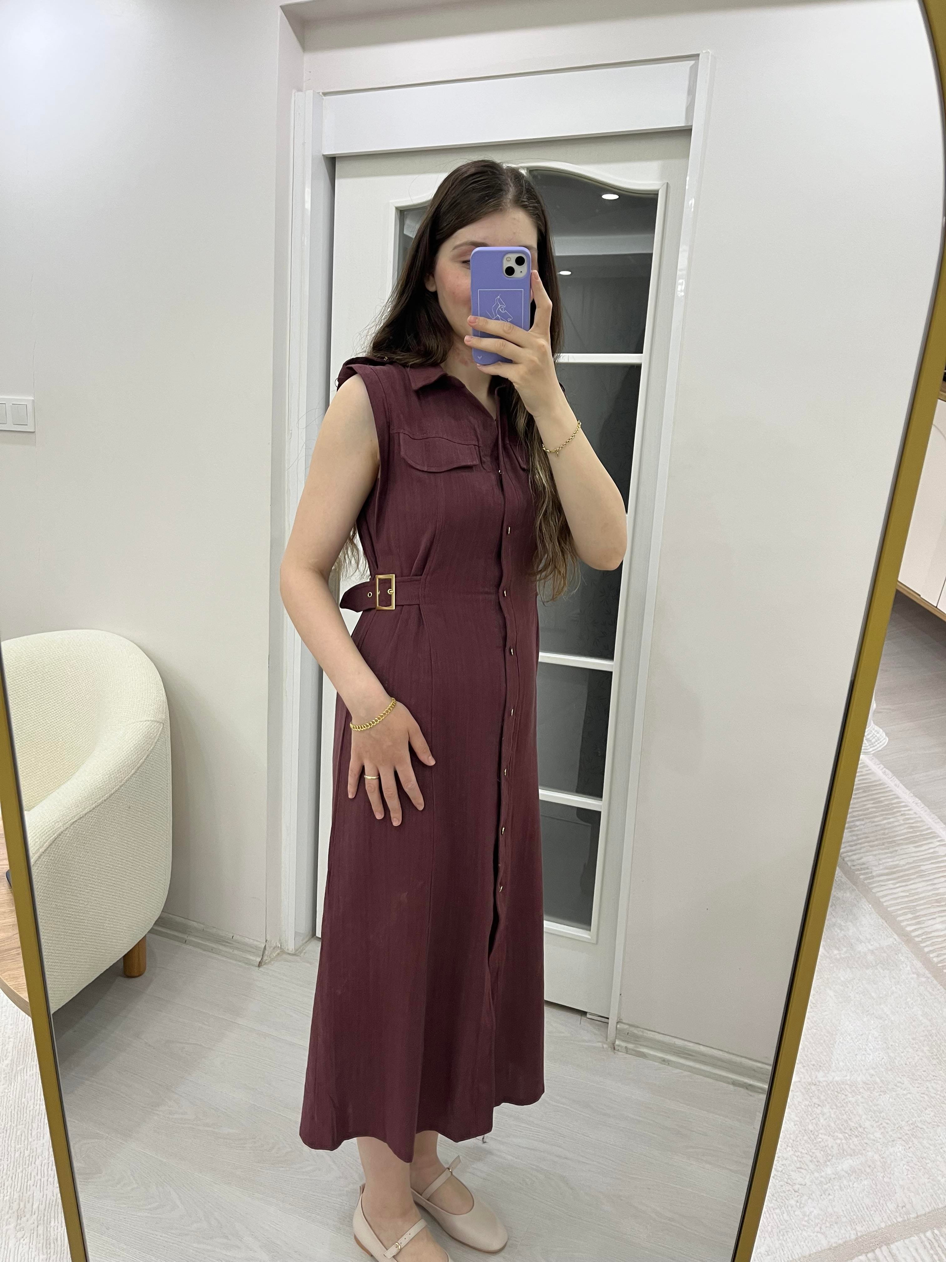 Sandy Bordo Kemer Detaylı Keten Elbise