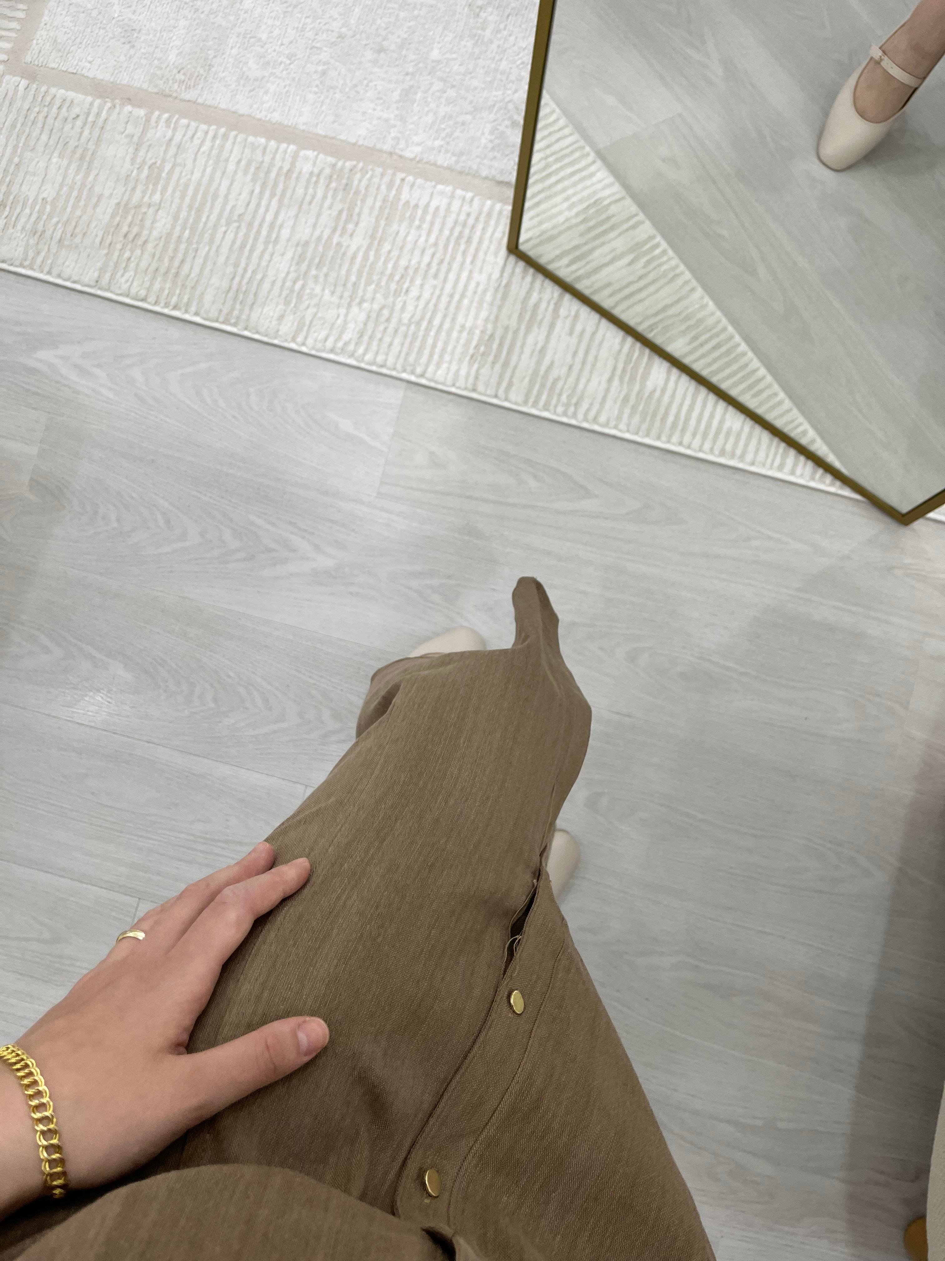 Sandy Haki Kemer Detaylı Keten Elbise