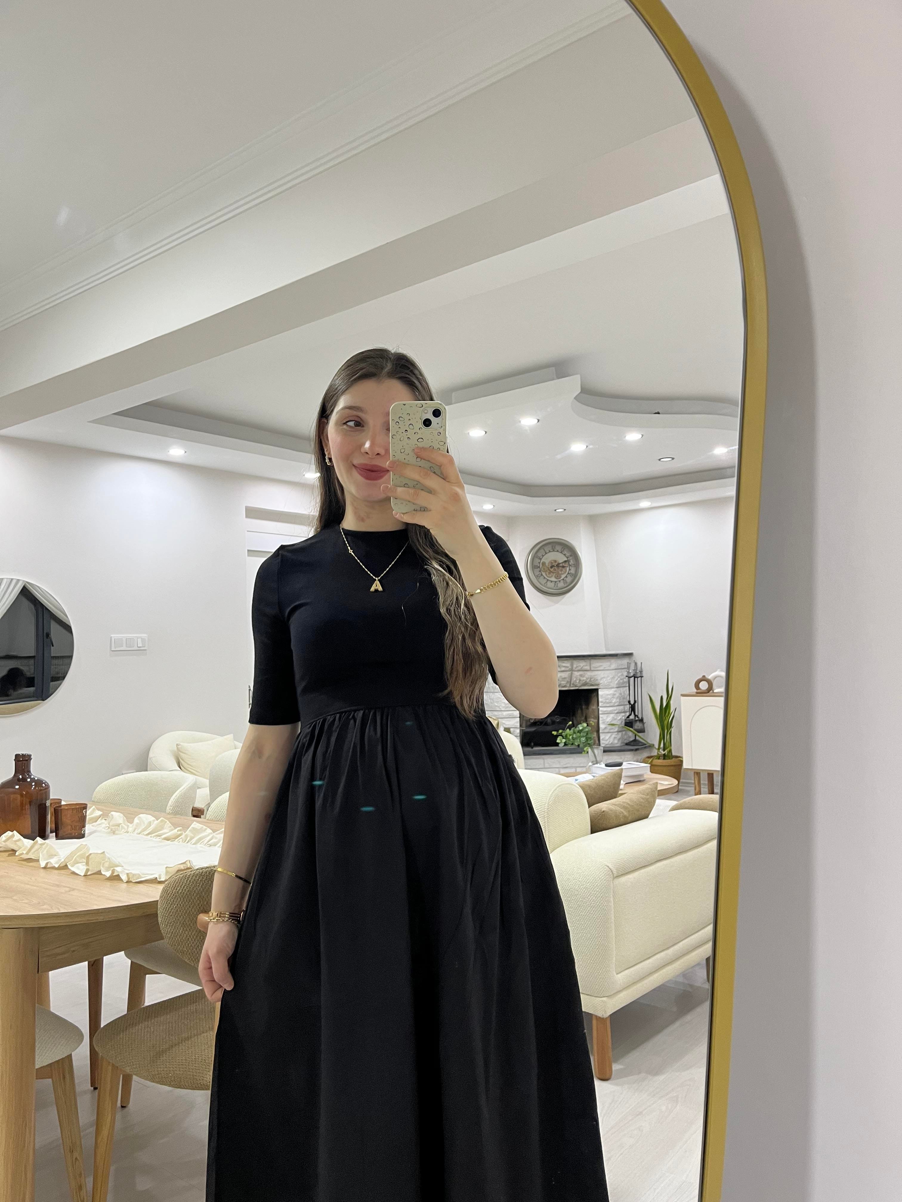 Siyah Kısa Kollu Kloş Elbise