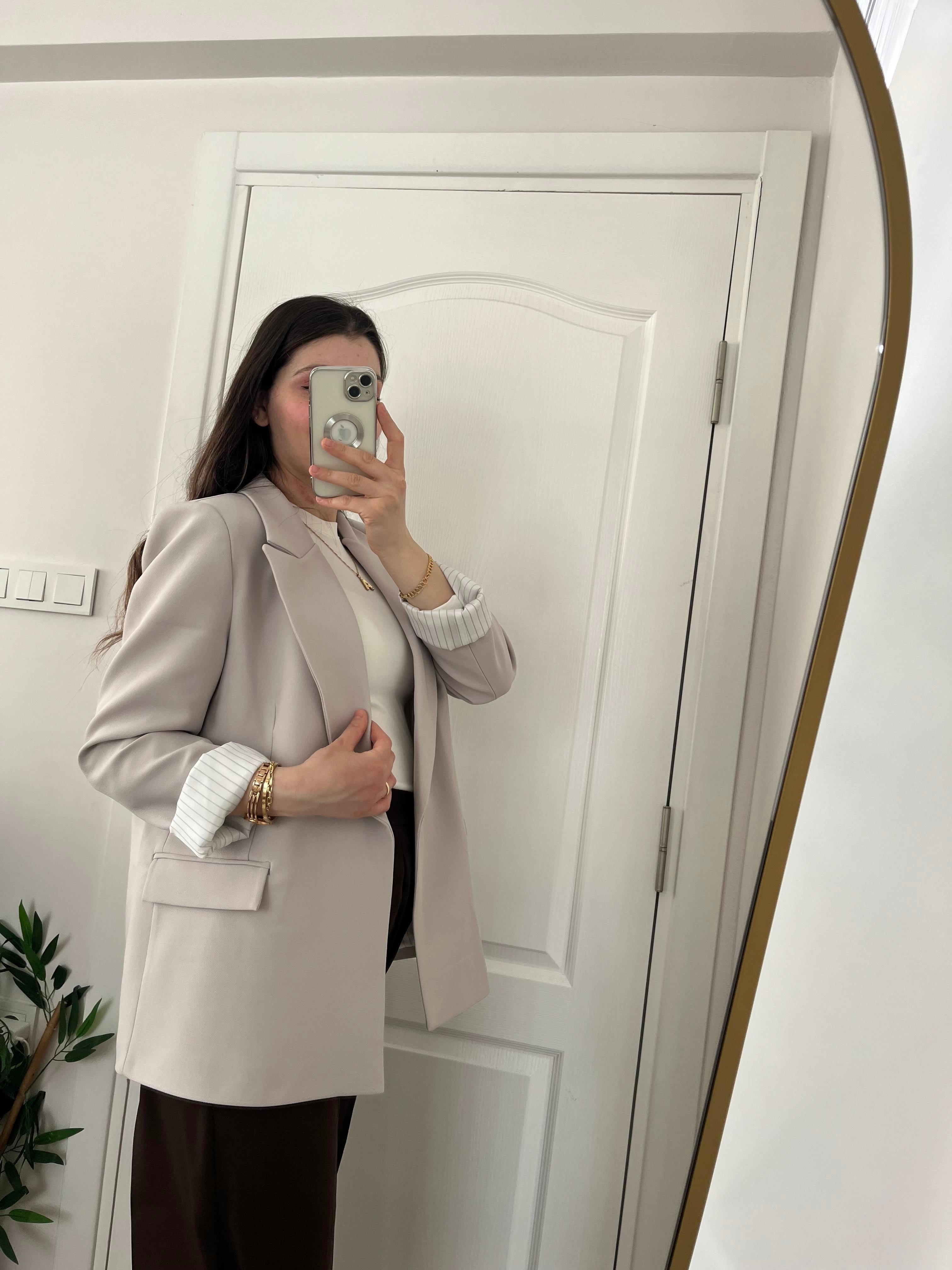 Taş Rengi Çizgili Astarlı Blazer Ceket