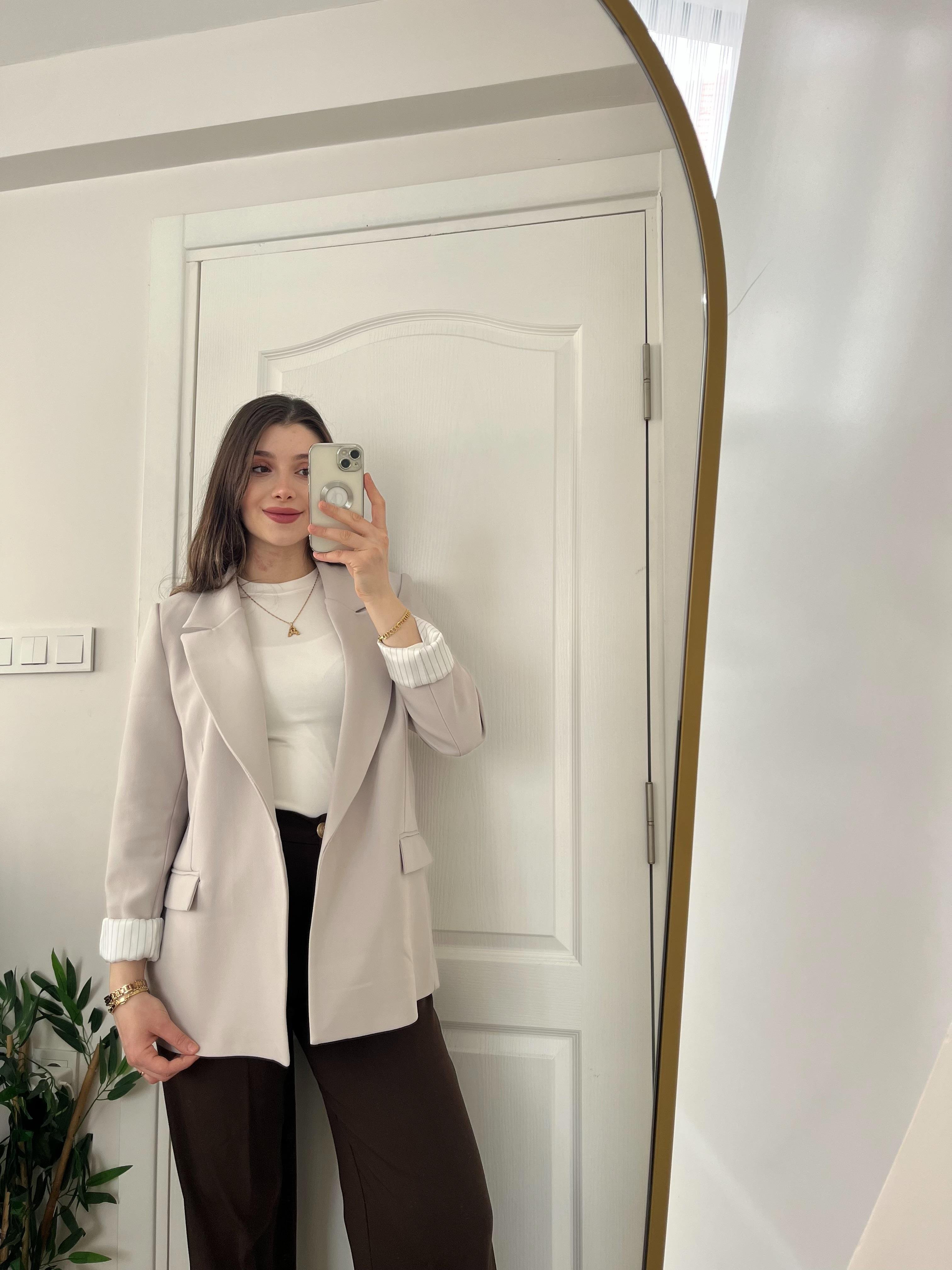 Taş Rengi Çizgili Astarlı Blazer Ceket