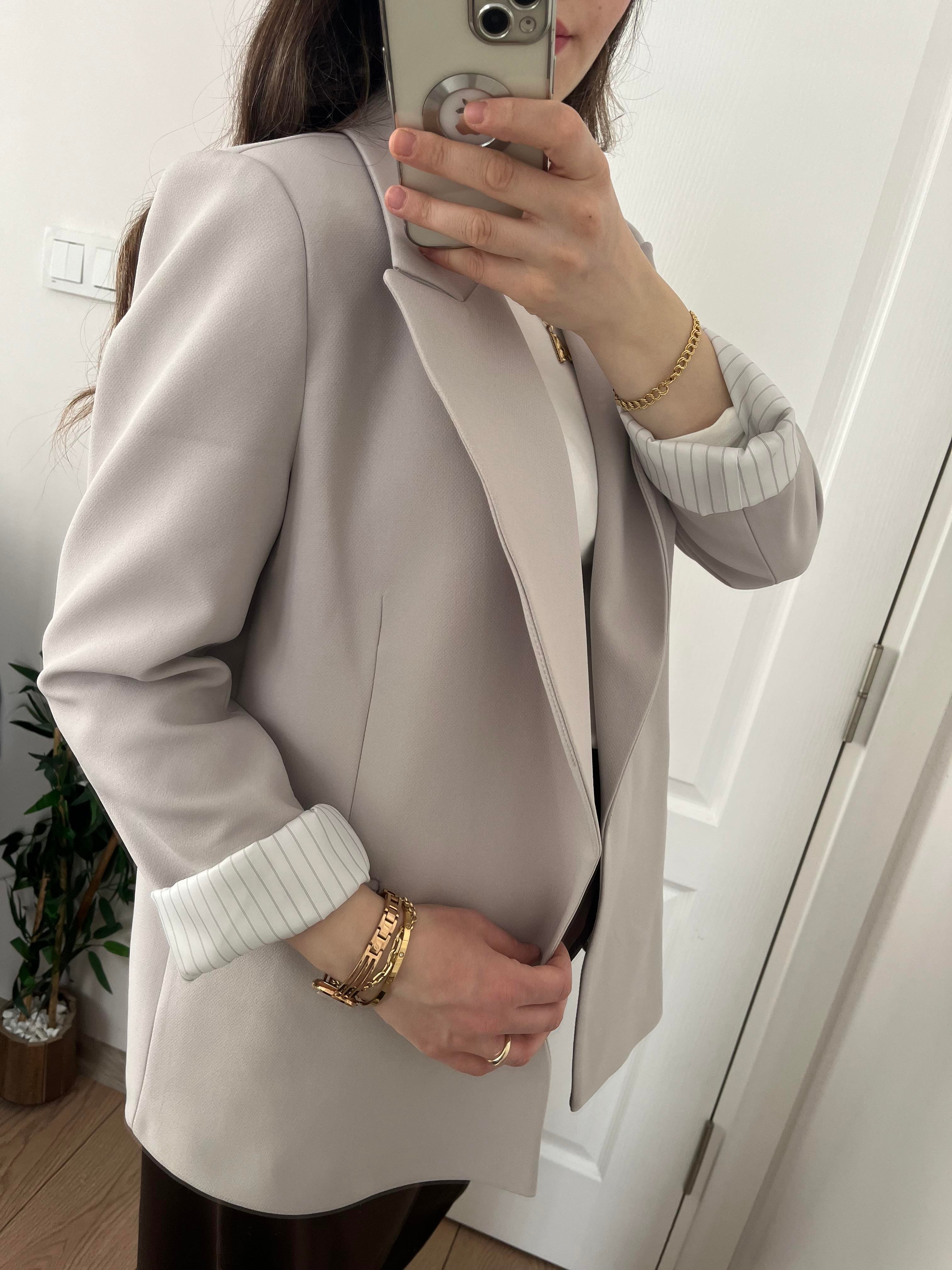 Taş Rengi Çizgili Astarlı Blazer Ceket