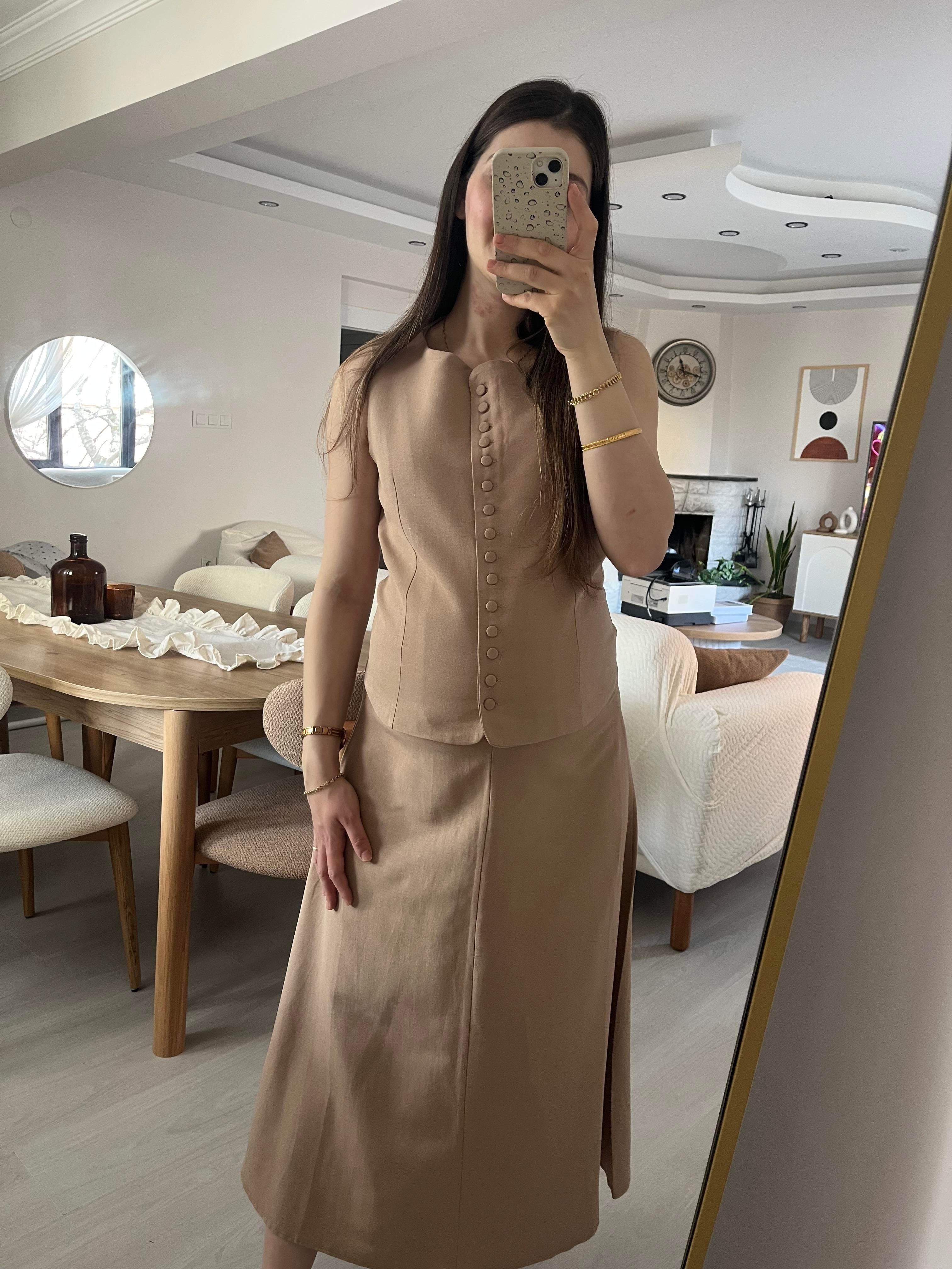 Vizon Renk Keten Etek Yelek Takım
